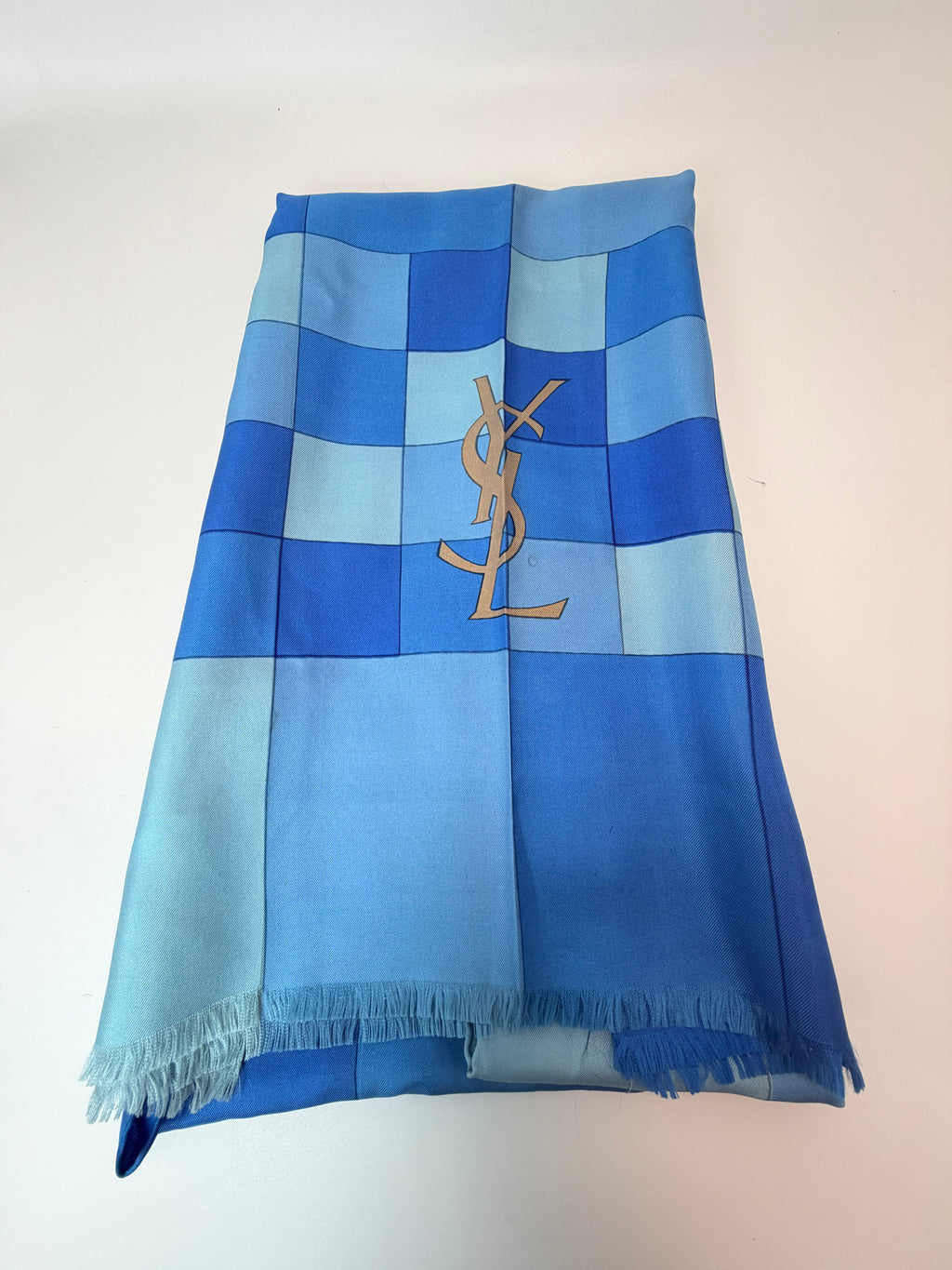 Yves Saint Laurent Silk Scarf – Blue Checkered Monogram