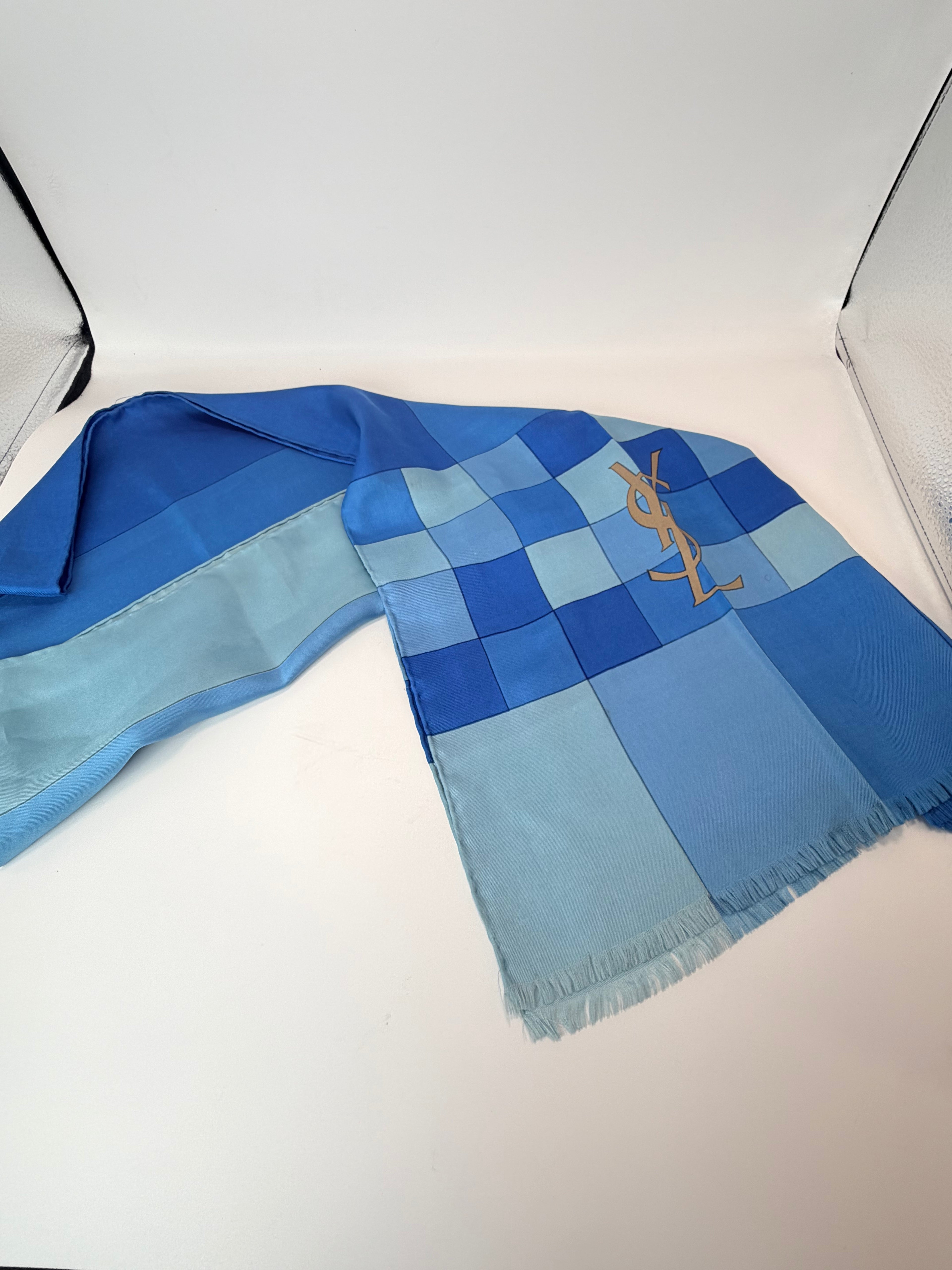 Yves Saint Laurent Silk Scarf – Blue Checkered Monogram