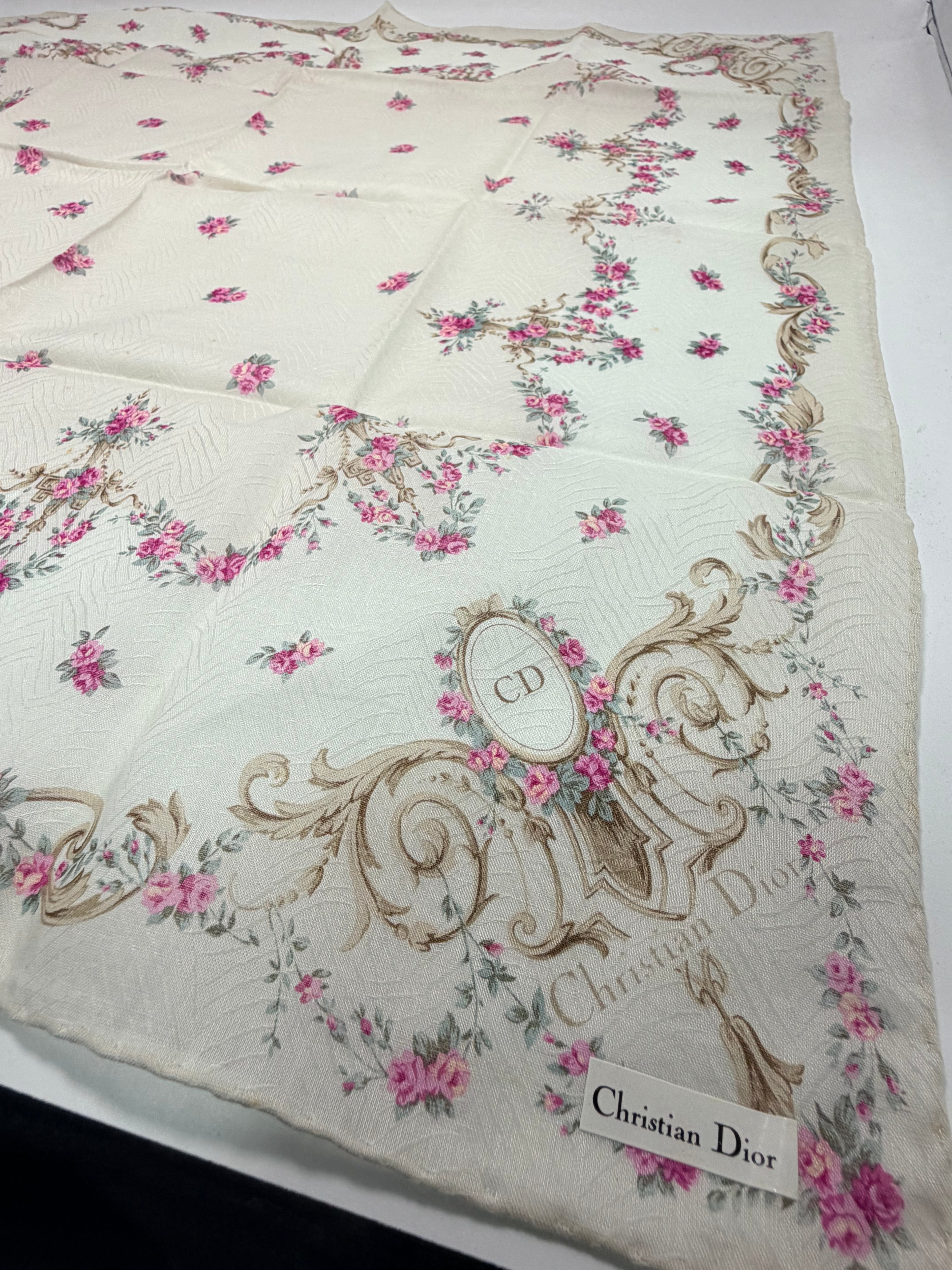 Vintage Christian Dior “Floral Medallion” Cotton Scarf – Ivory & Pink