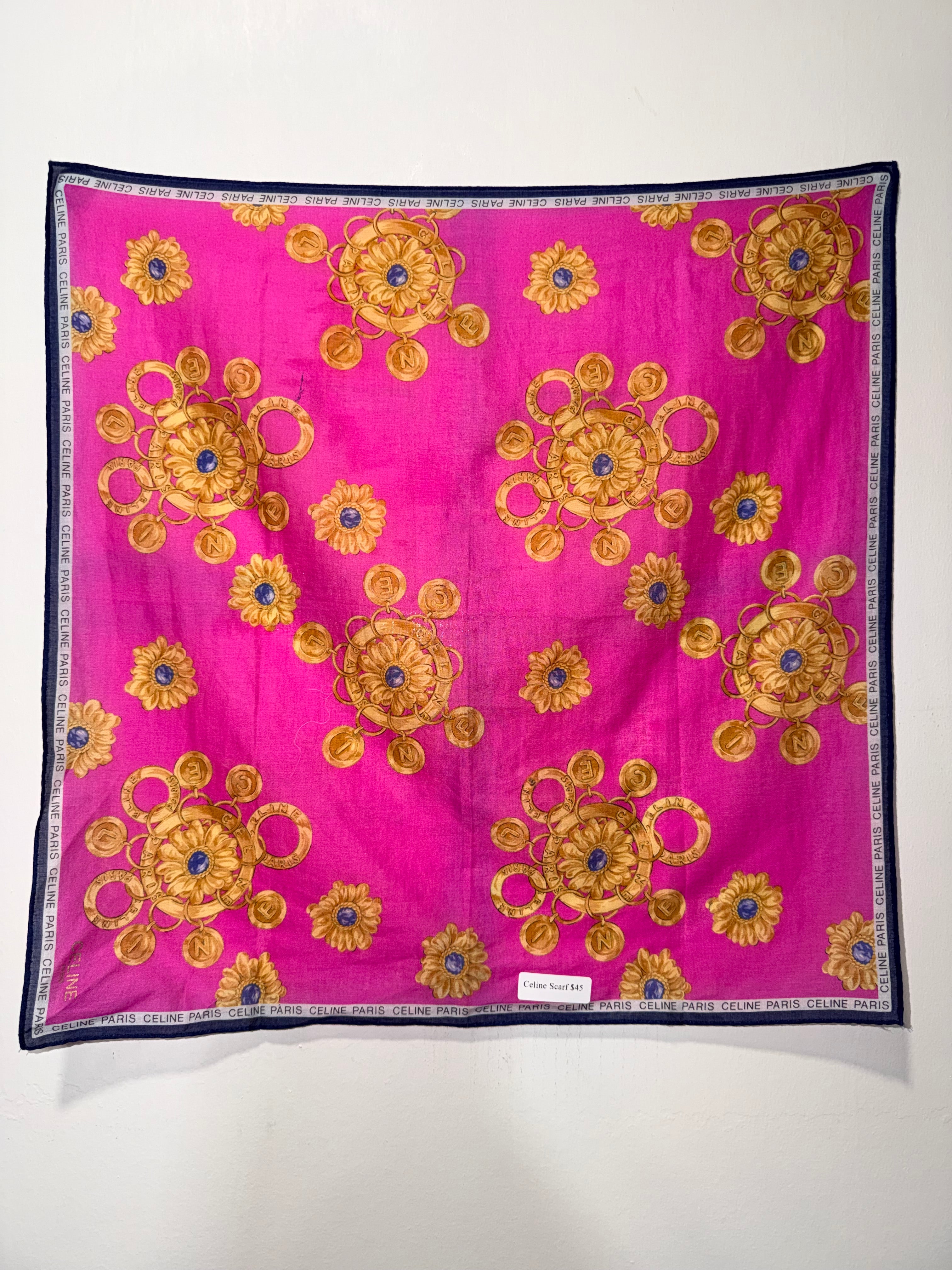Céline Paris Silk Scarf in Fuchsia Gold Medallion Print