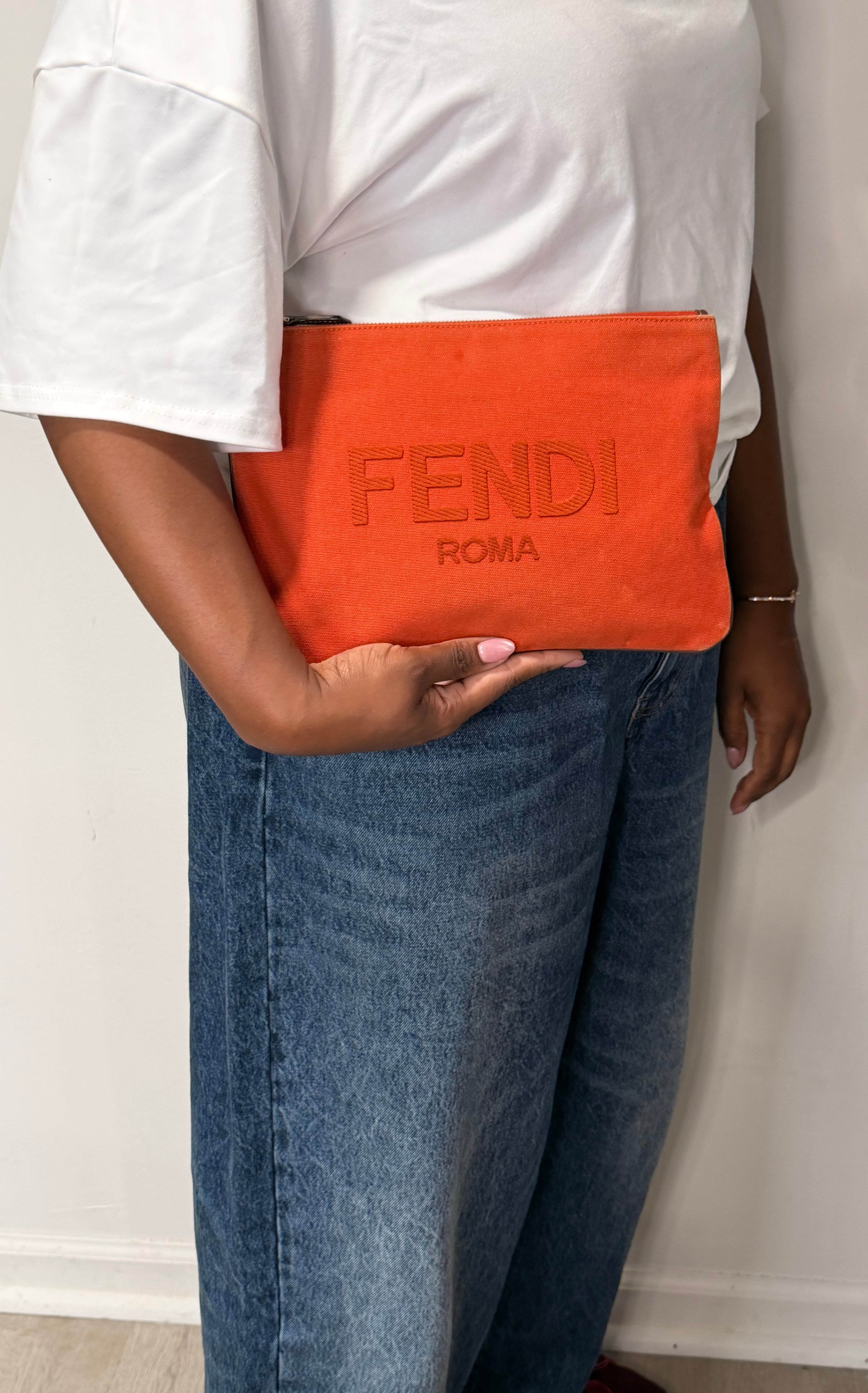 Fendi Roma Embroidered Logo Canvas Clutch