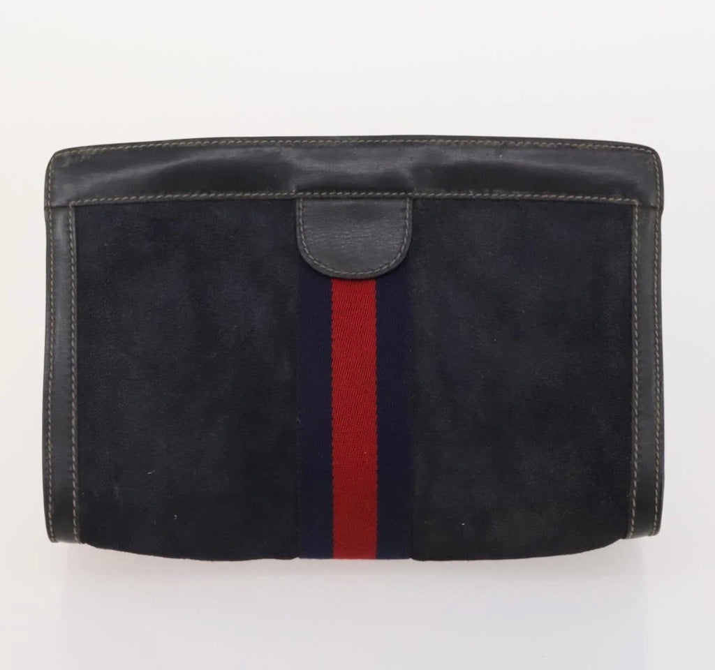 Gucci Navy Blue Suede Web Stripe Clutch
