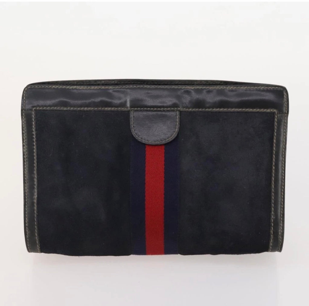 Gucci Navy Blue Suede Web Stripe Clutch