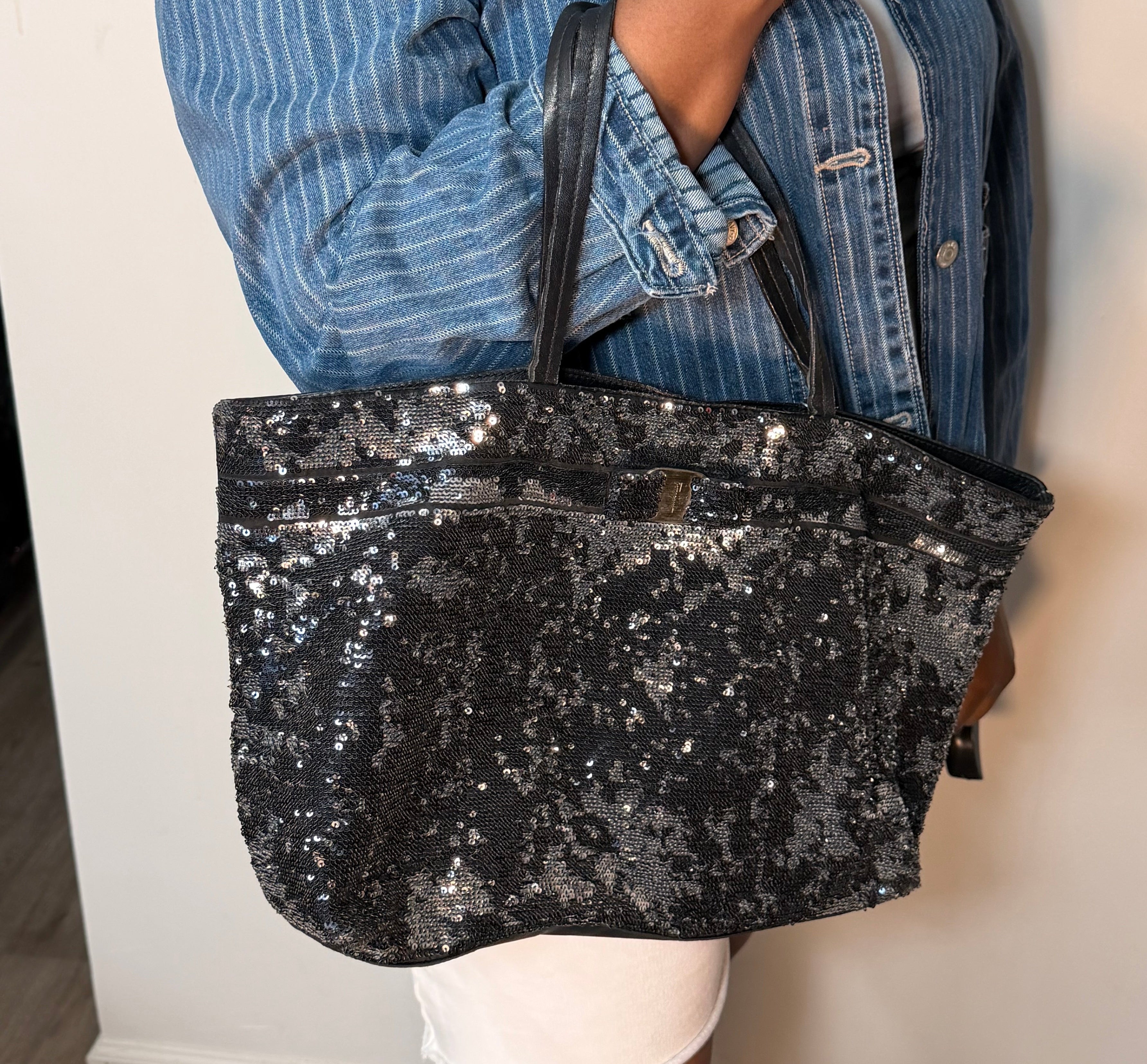 Salvatore Ferragamo Black Sequin Tote Bag