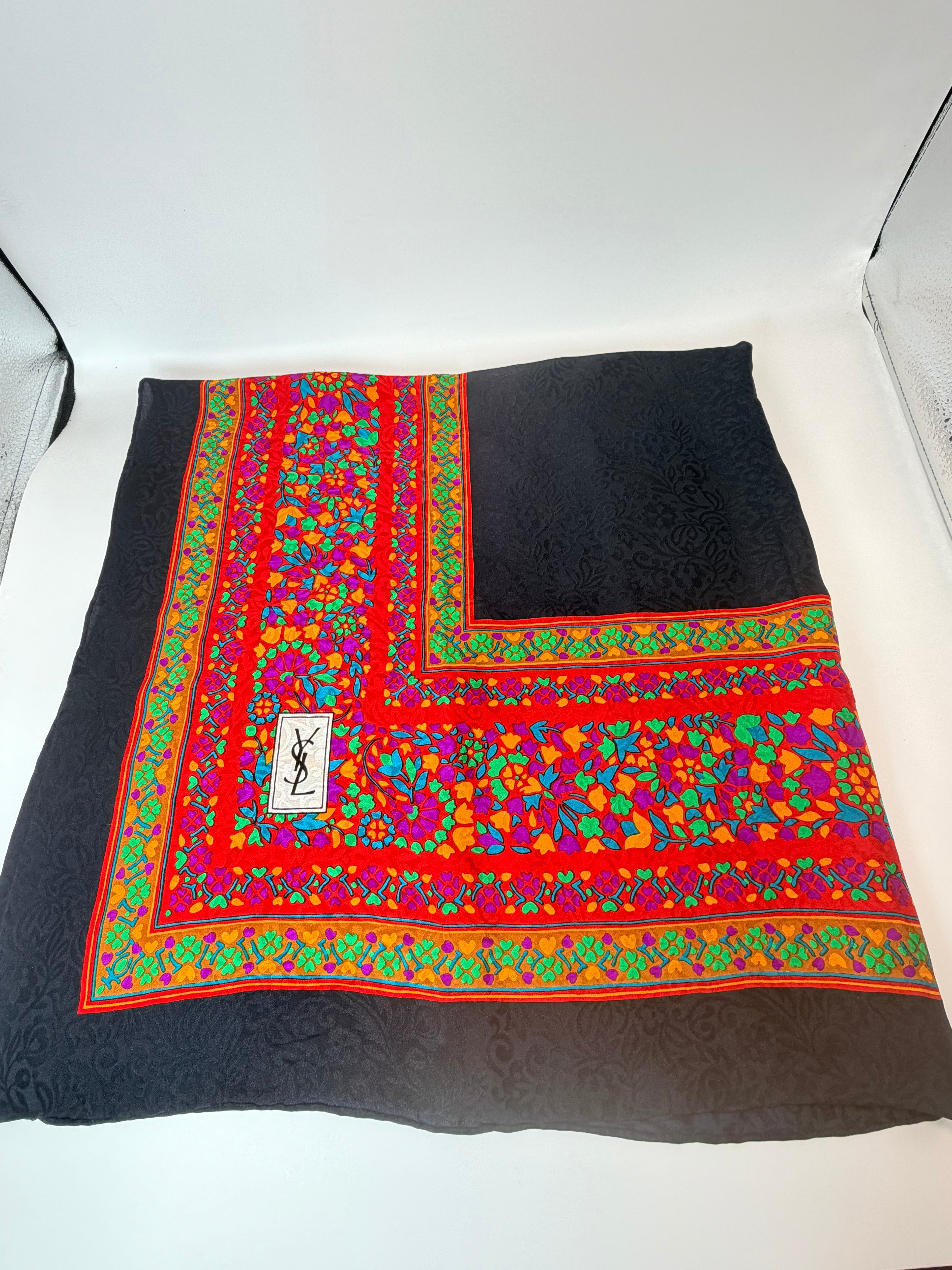 Yves Saint Laurent Silk Scarf – Black with Multicolor Floral Border