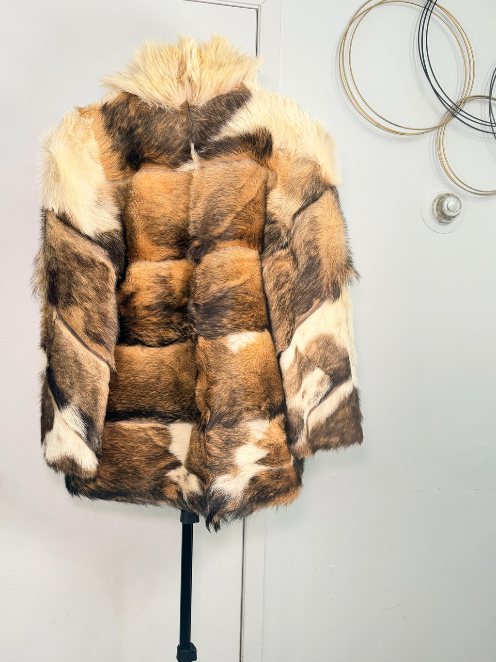 Vintage Patchwork Rabbit Fur Coat – Cream, Honey & Espresso (Medium)