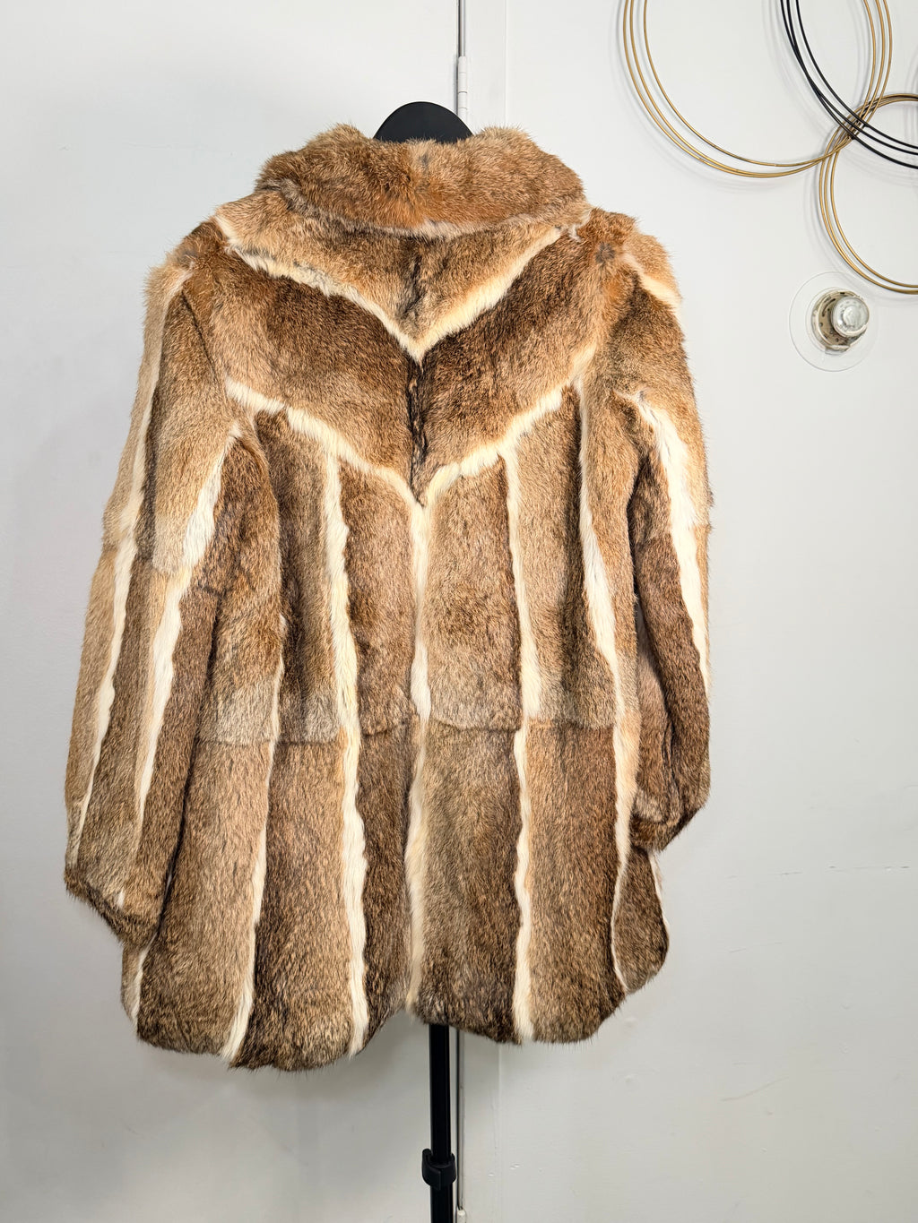 Vintage Rabbit Fur Coat – Paneled Brown & Cream (Small)