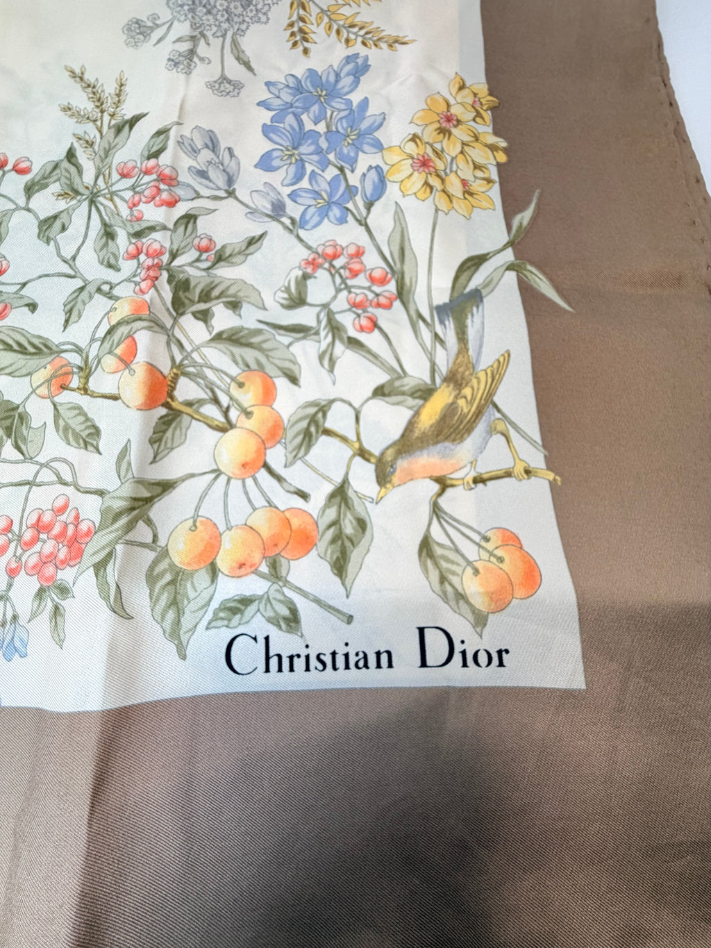 Christian Dior Silk Scarf – Botanical & Bird Print with Taupe Border