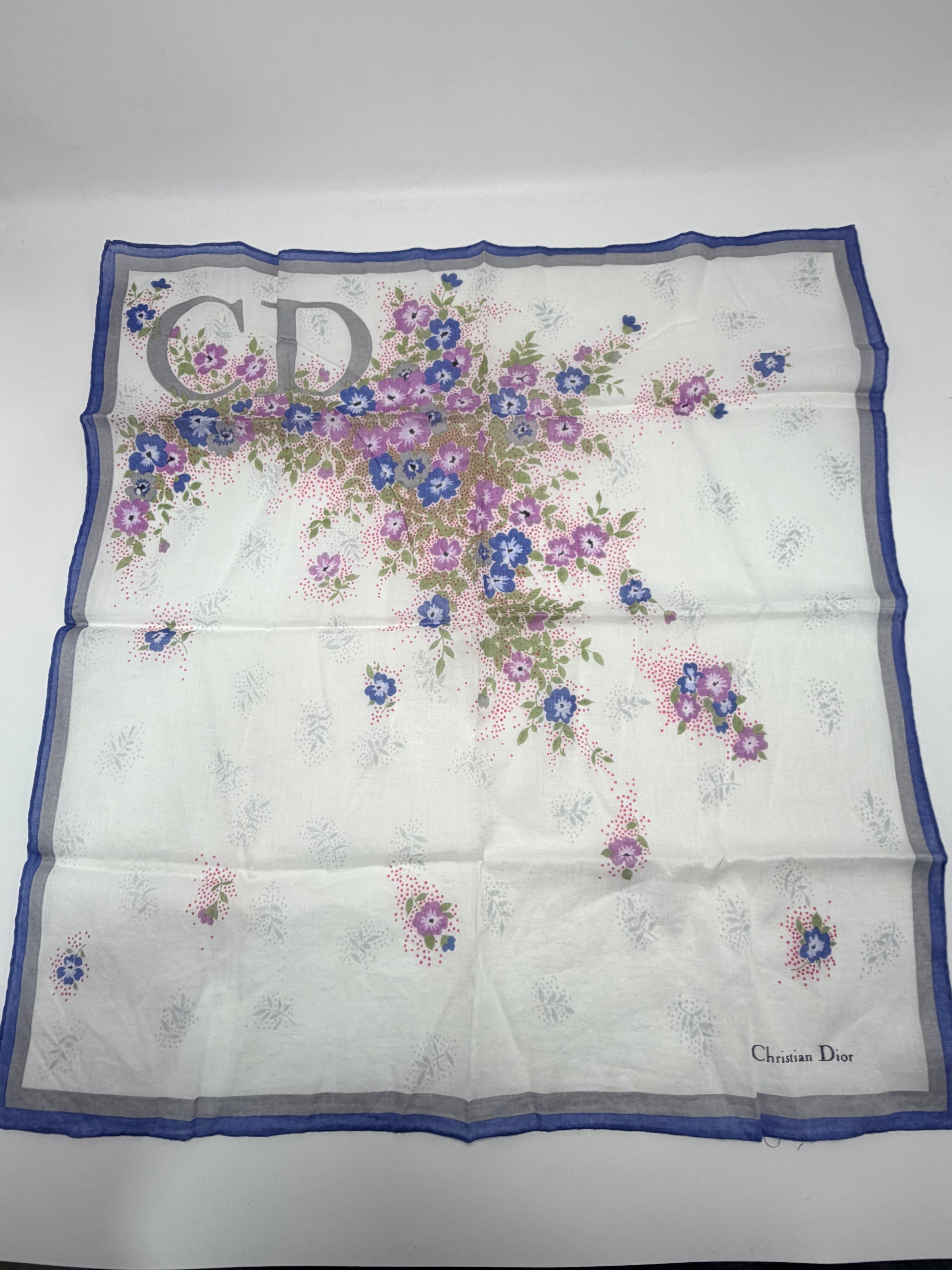 Vintage Christian Dior Floral Monogram Cotton Scarf – Ivory, Blue & Multicolor