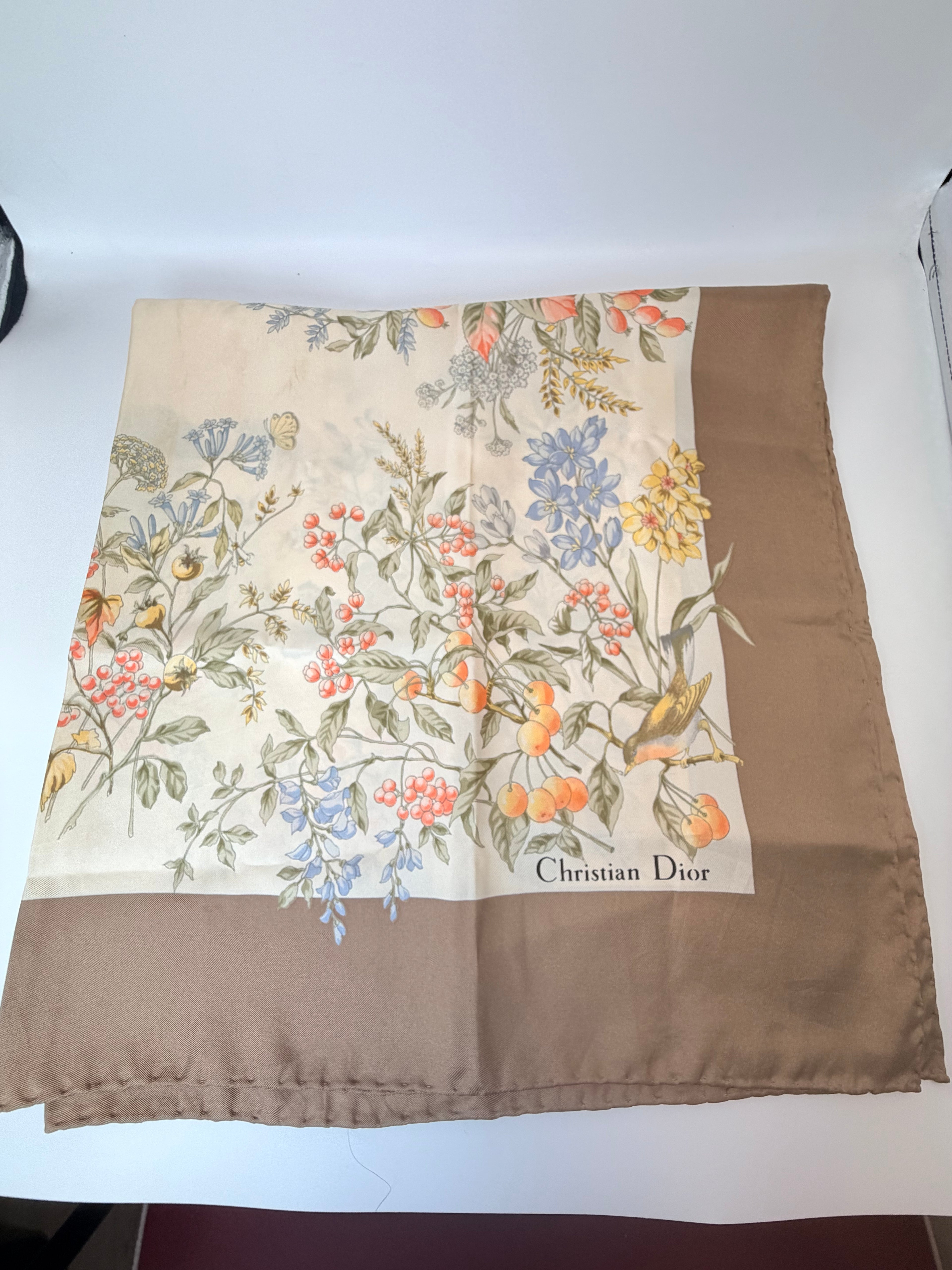 Christian Dior Silk Scarf – Botanical & Bird Print with Taupe Border