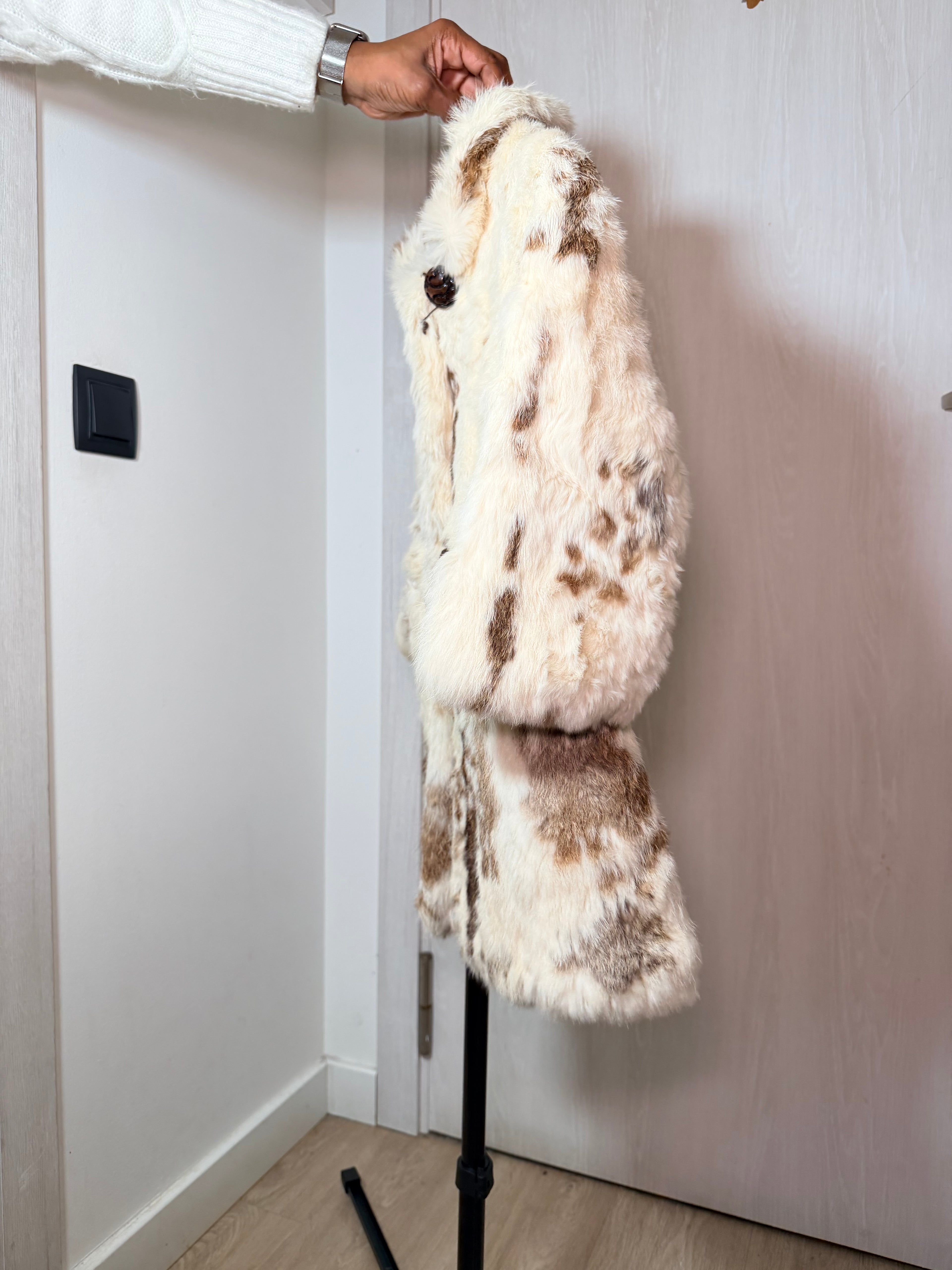 Vintage Spotted Rabbit Fur Coat – Natural Piebald Pattern - XS