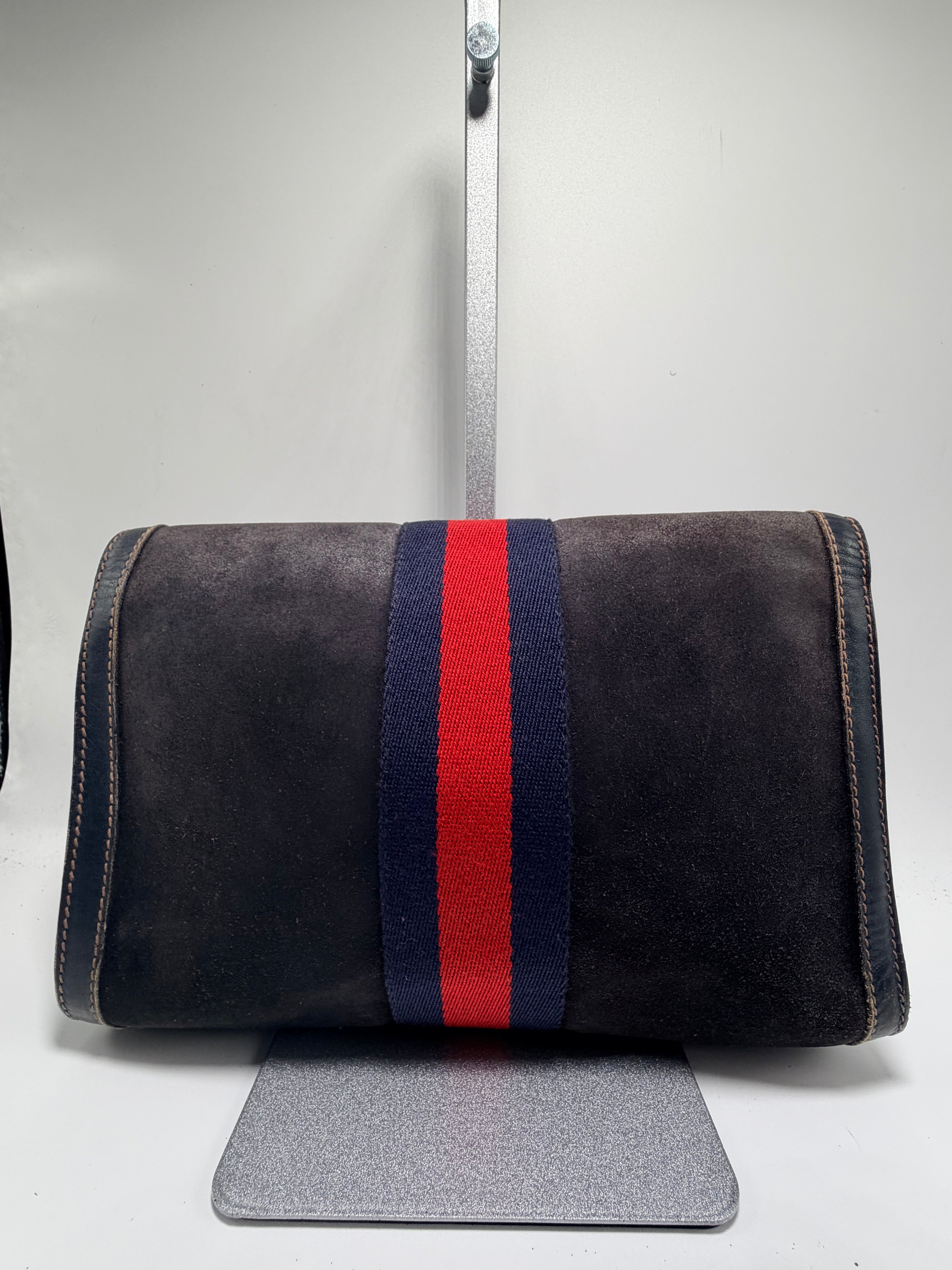 Gucci Suede Clutch with Web Stripe – Navy & Red
