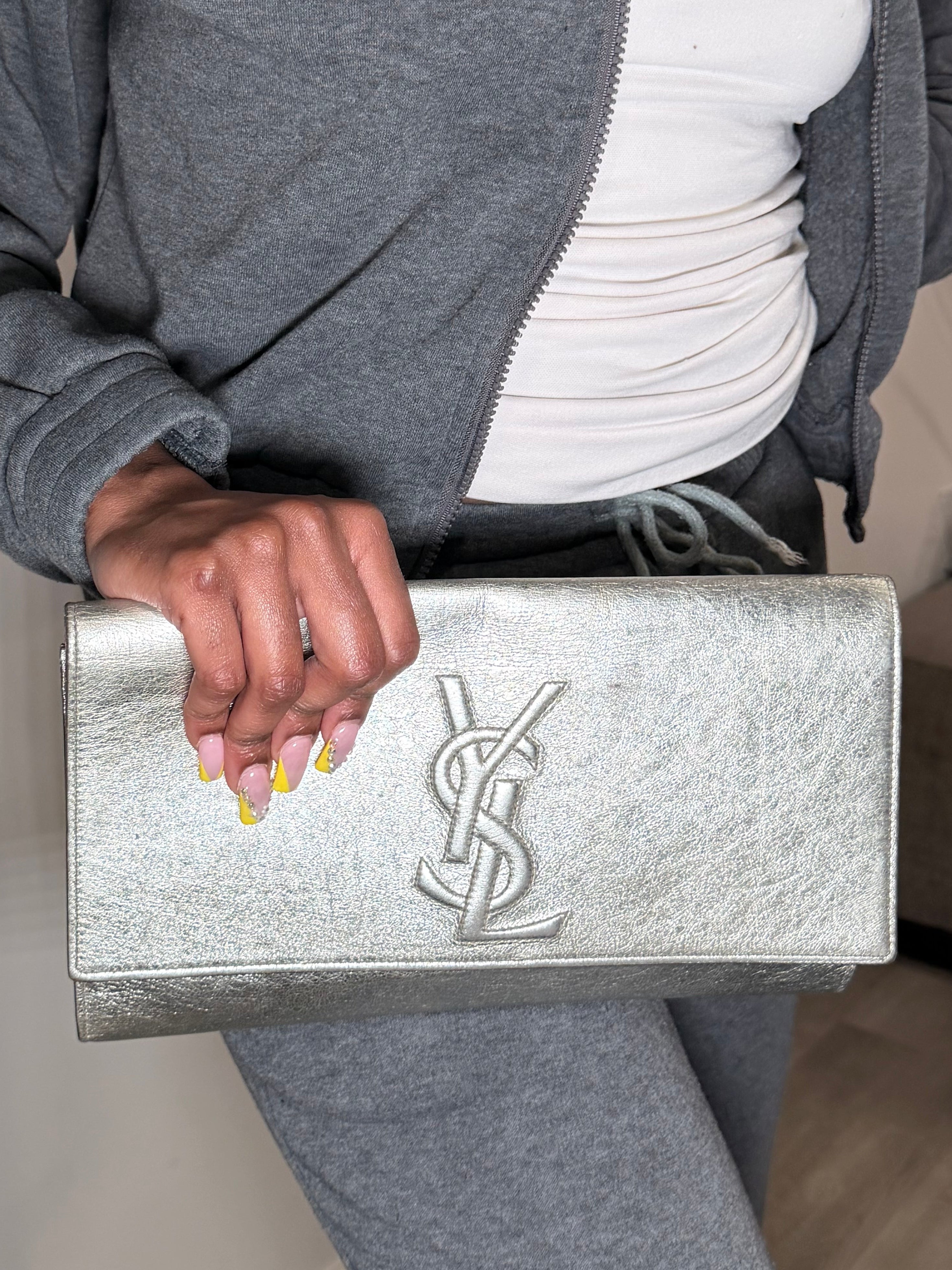 Yves Saint Laurent Metallic YSL Monogram Clutch (Silver/Gold Tone)
