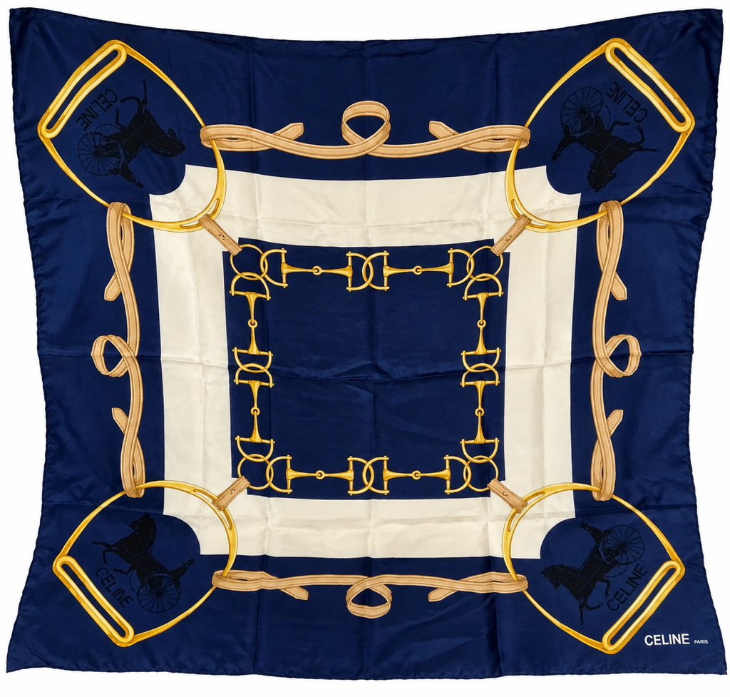 Celine Paris Equestrian Navy & Gold Silk Scarf
