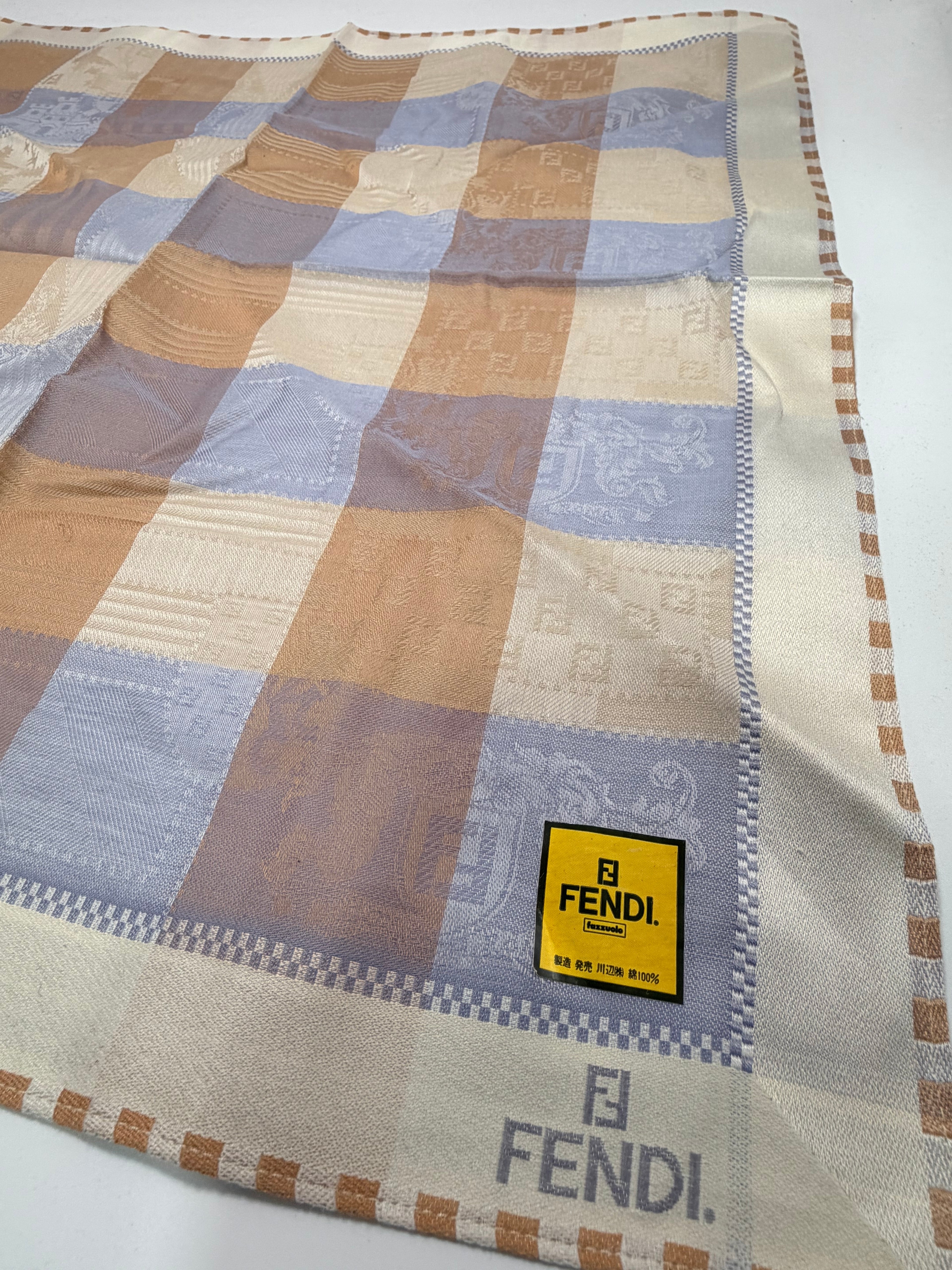 FENDI Vintage Logo Check Scarf – Beige, Tan & Dusty Lavender/ Blue