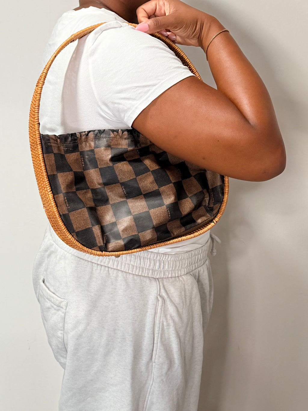 Fendi Pequin Check Wicker Handle Hobo Bag