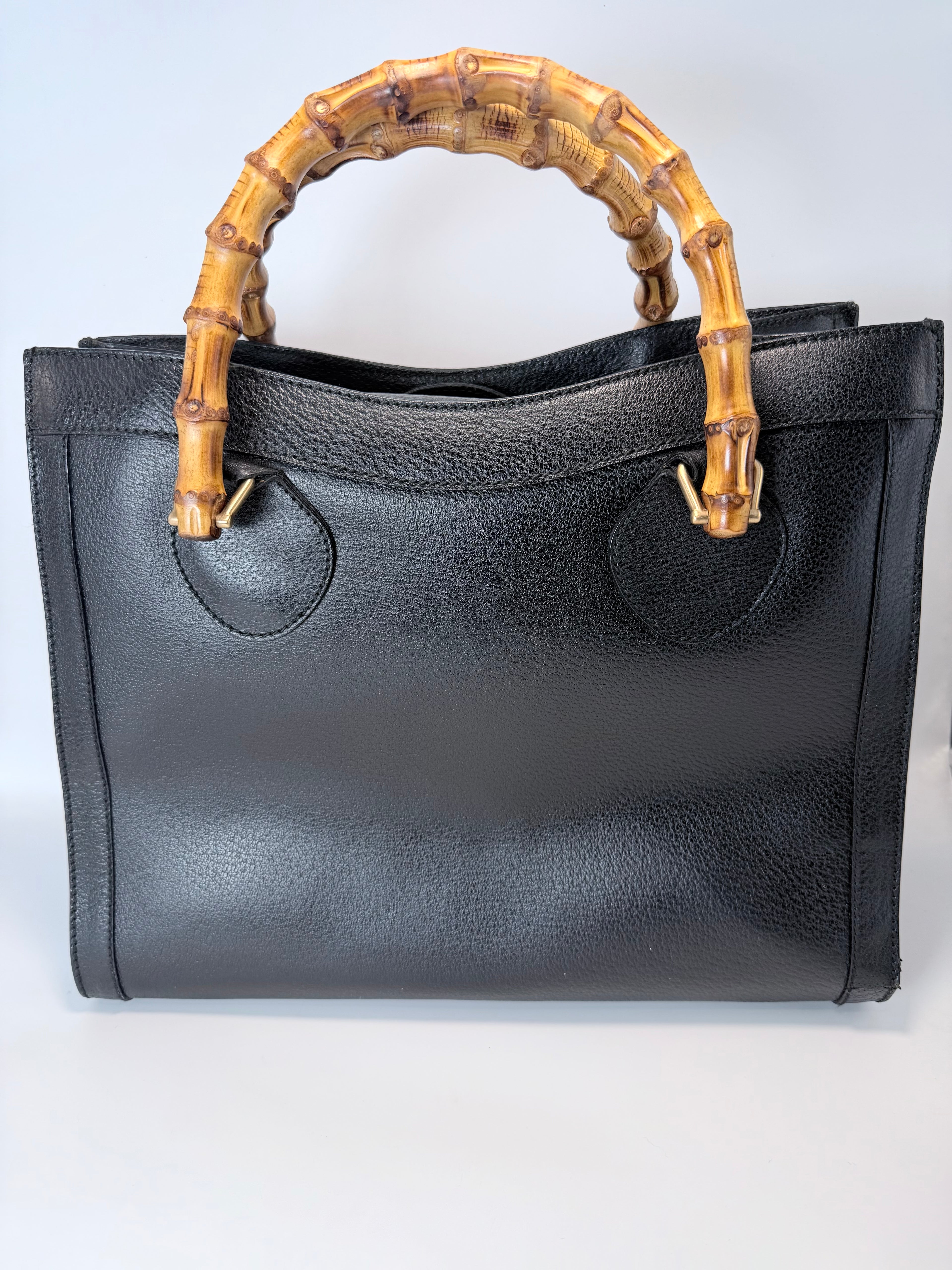 Gucci Vintage Bamboo Handle Black Leather Tote