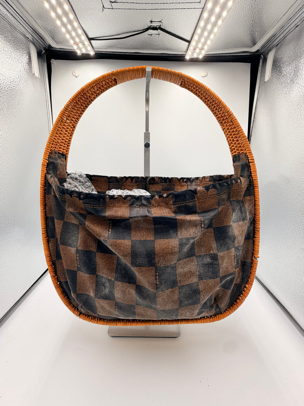 Fendi Pequin Check Wicker Handle Hobo Bag