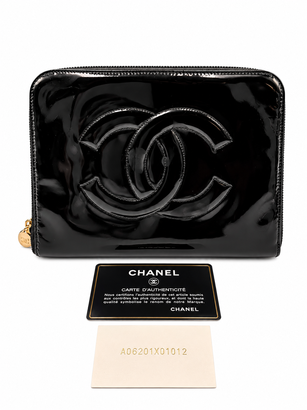 Chanel Vintage Black Patent Leather Oversized CC Zip-Around Clutch/ Pouch