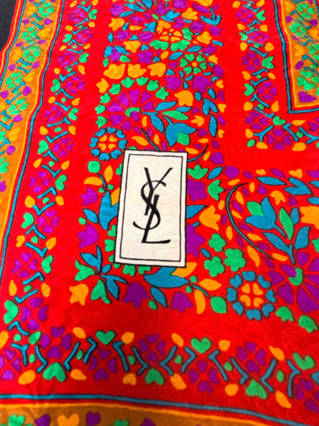 Yves Saint Laurent Silk Scarf – Black with Multicolor Floral Border