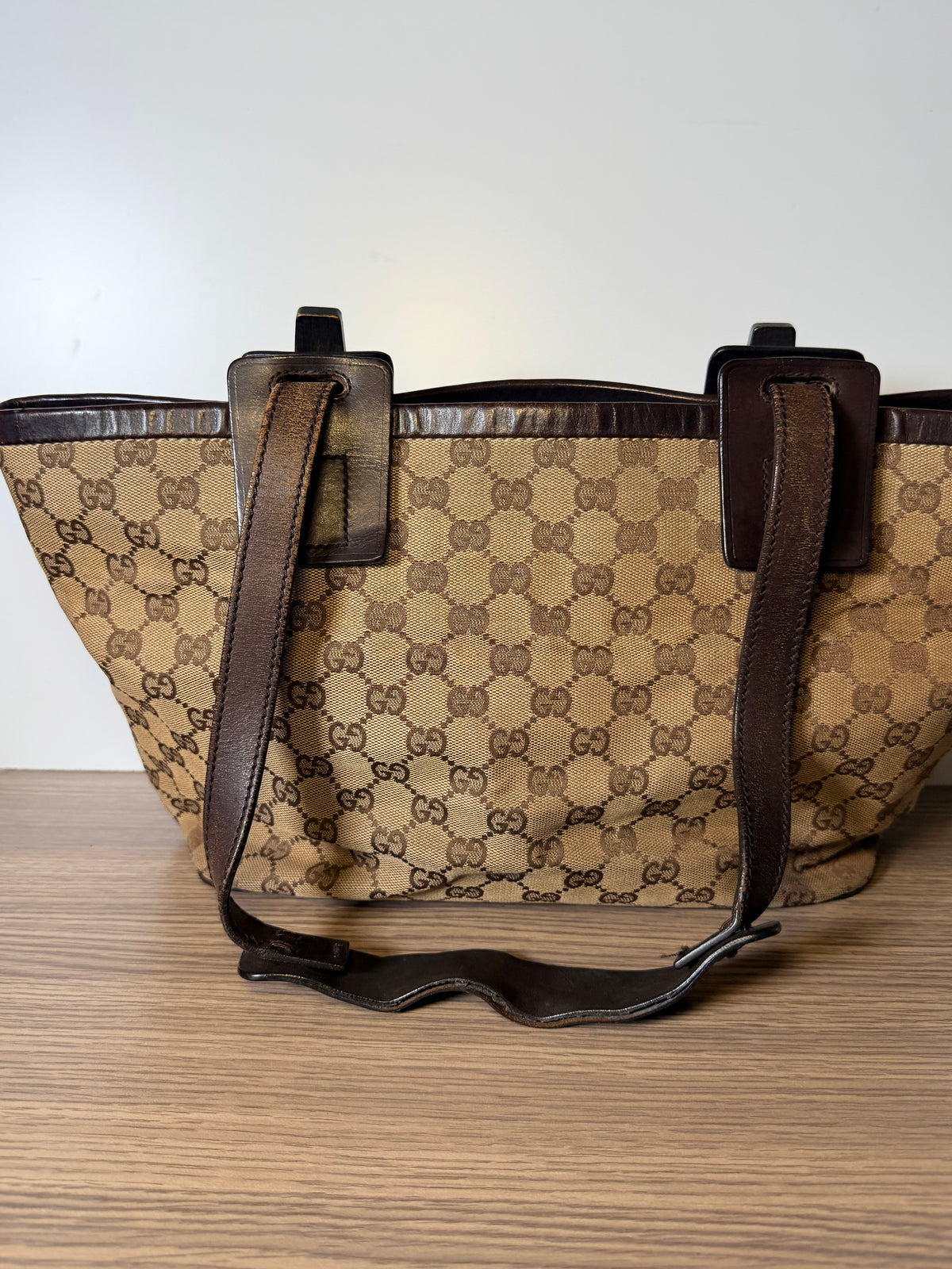 Gucci Vintage GG Monogram Canvas Tote Bag – Brown Leather Buckle Detail
