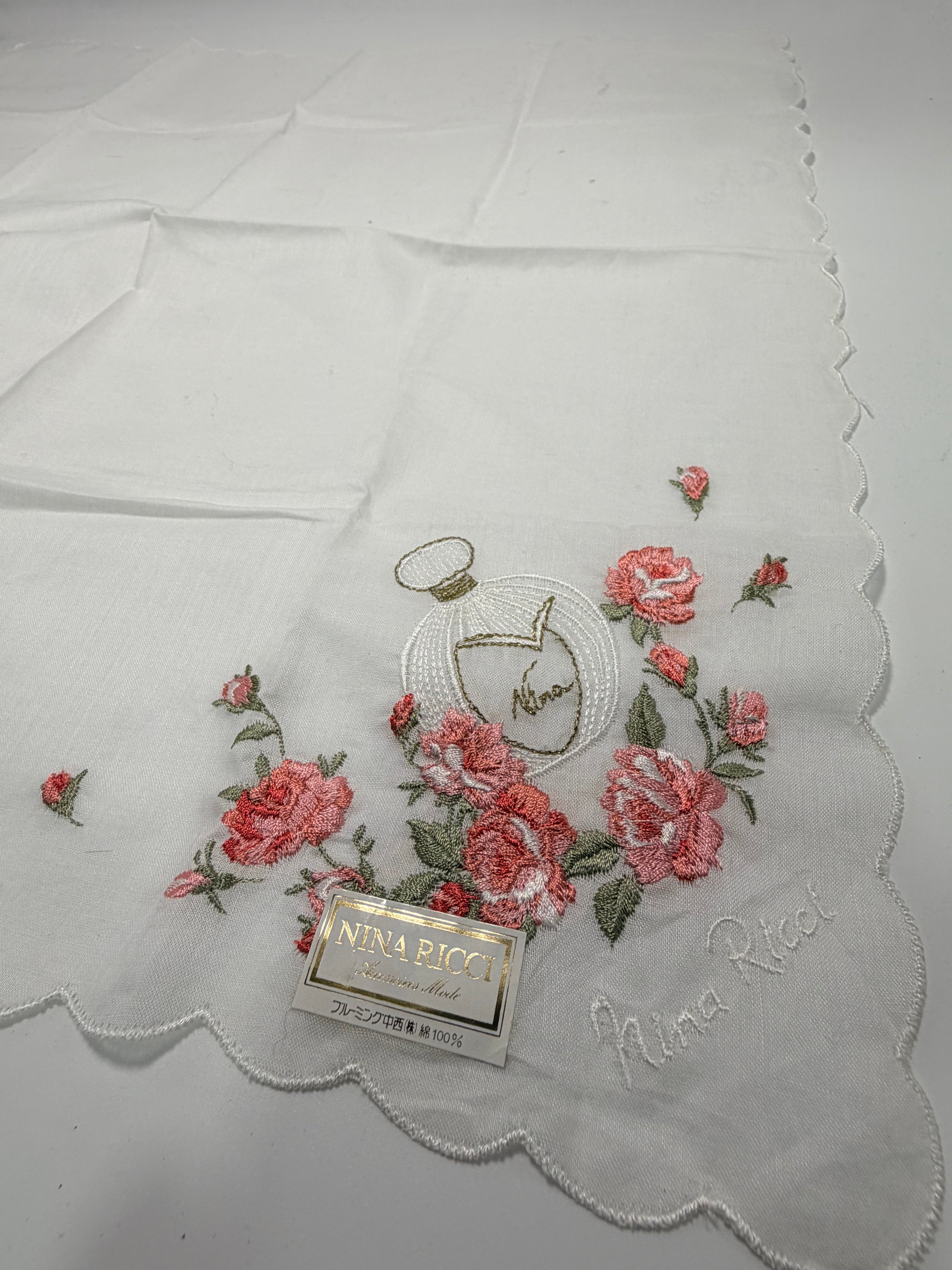 Vintage Nina Ricci Embroidered Floral Cotton Handkerchief – White with Pink Roses