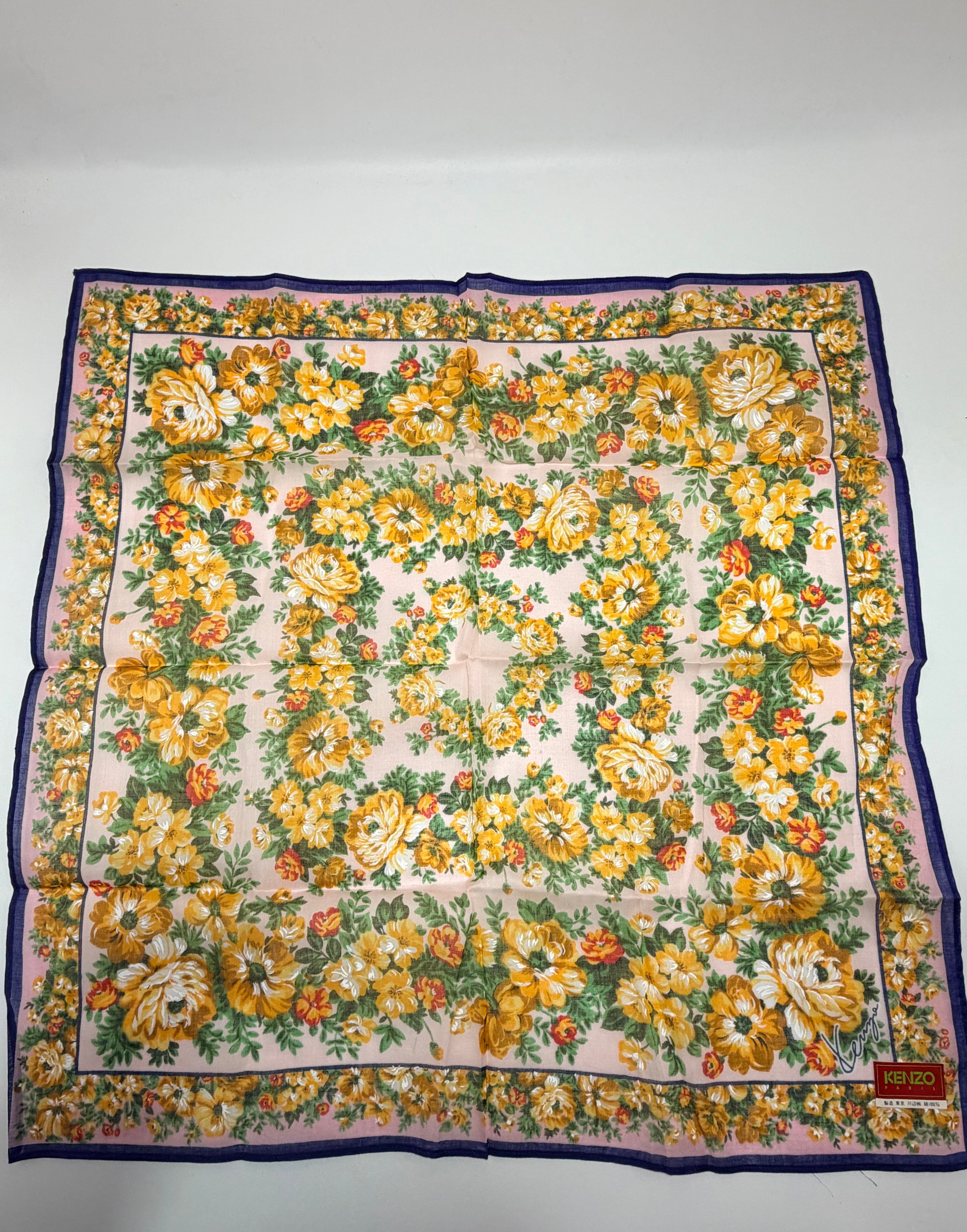 Vintage Kenzo Paris Floral Silk Scarf – Yellow, Blush & Violet