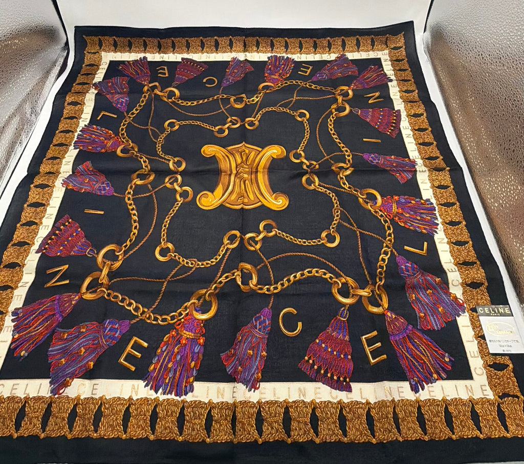 Celine Tassel Chain Scarf – Navy with Gold Crest and Fringe Border