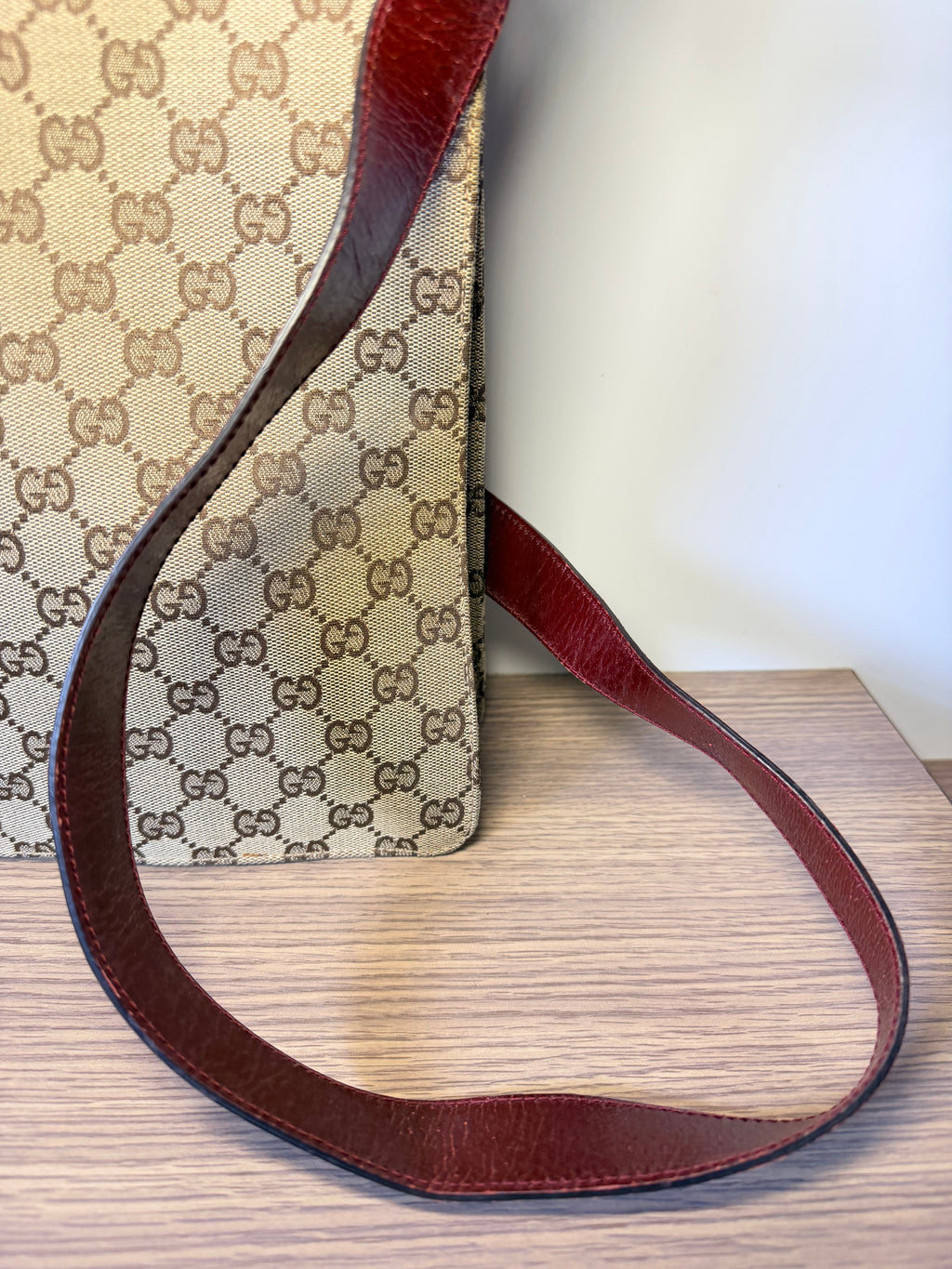 Gucci GG Monogram Canvas Burgundy Leather Shoulder / Crossbody Bag