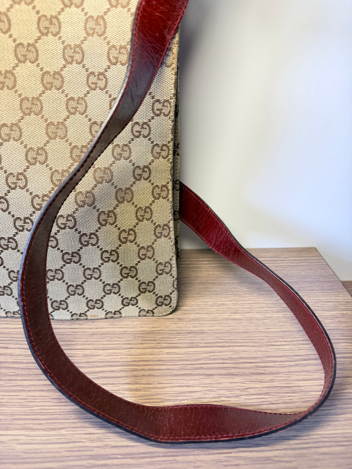 Gucci GG Monogram Canvas Burgundy Leather Shoulder / Crossbody Bag
