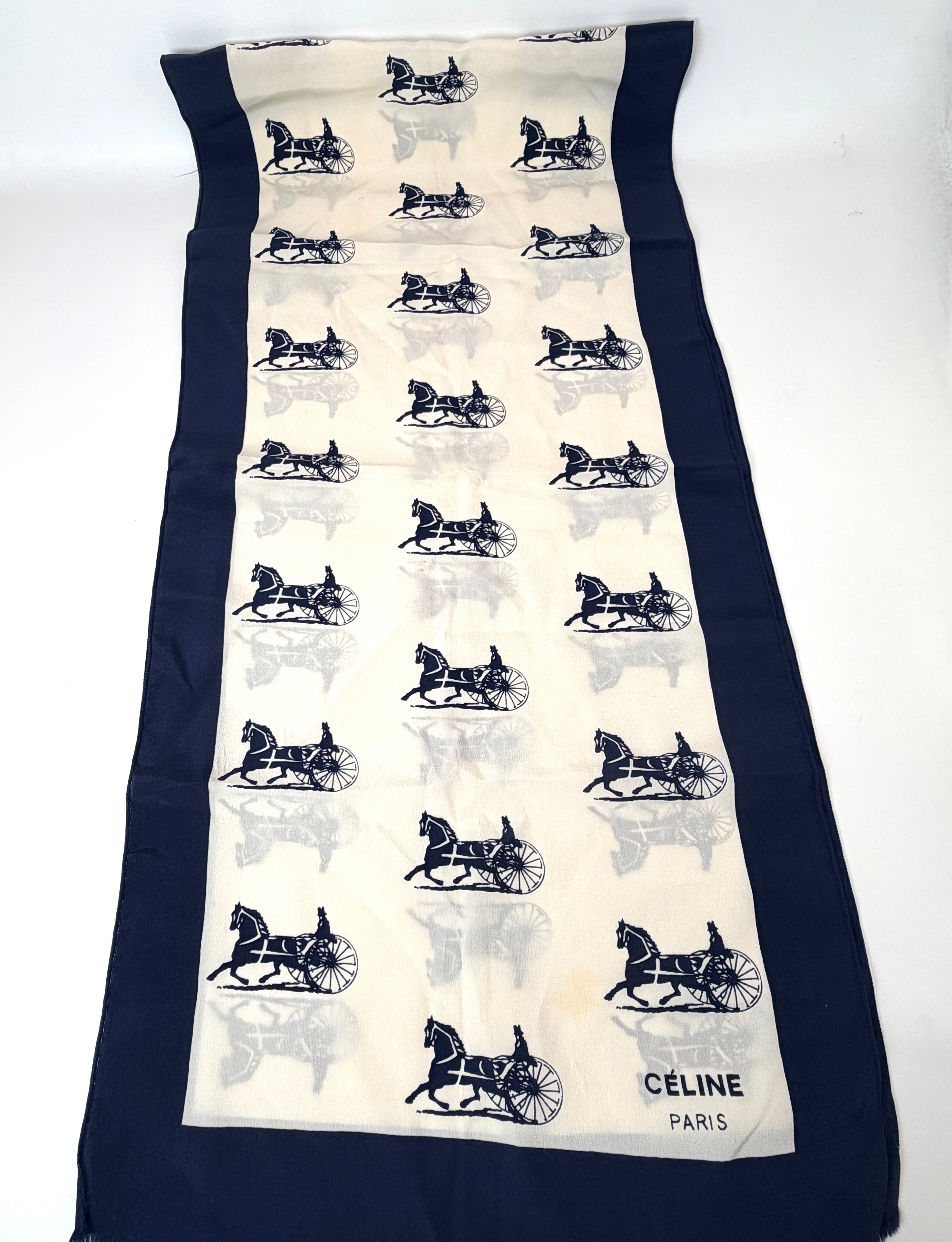 CELINE Vintage Long Silk Scarf – “Carriage Parade”