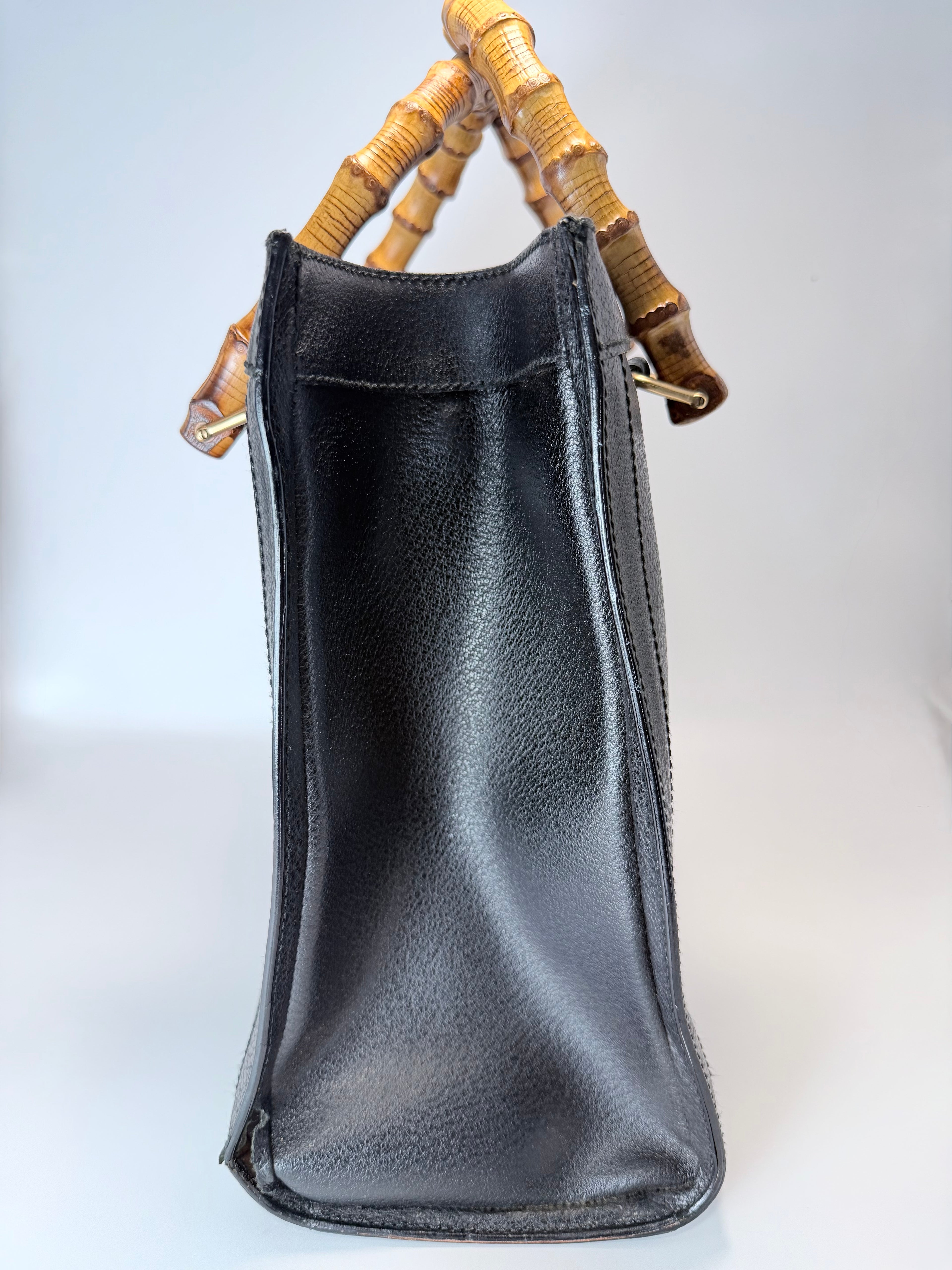Gucci Vintage Bamboo Handle Black Leather Tote