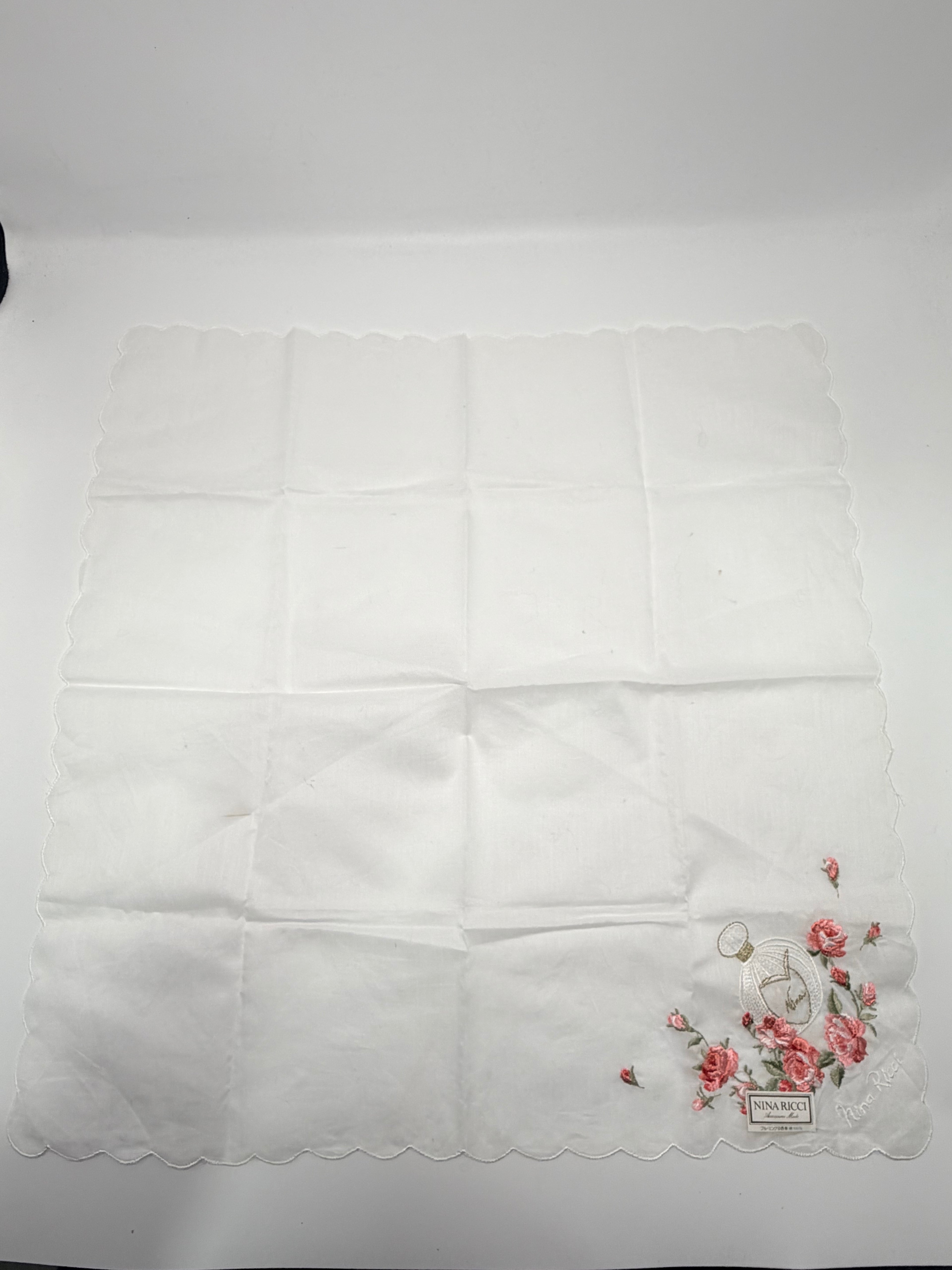 Vintage Nina Ricci Embroidered Floral Cotton Handkerchief – White with Pink Roses