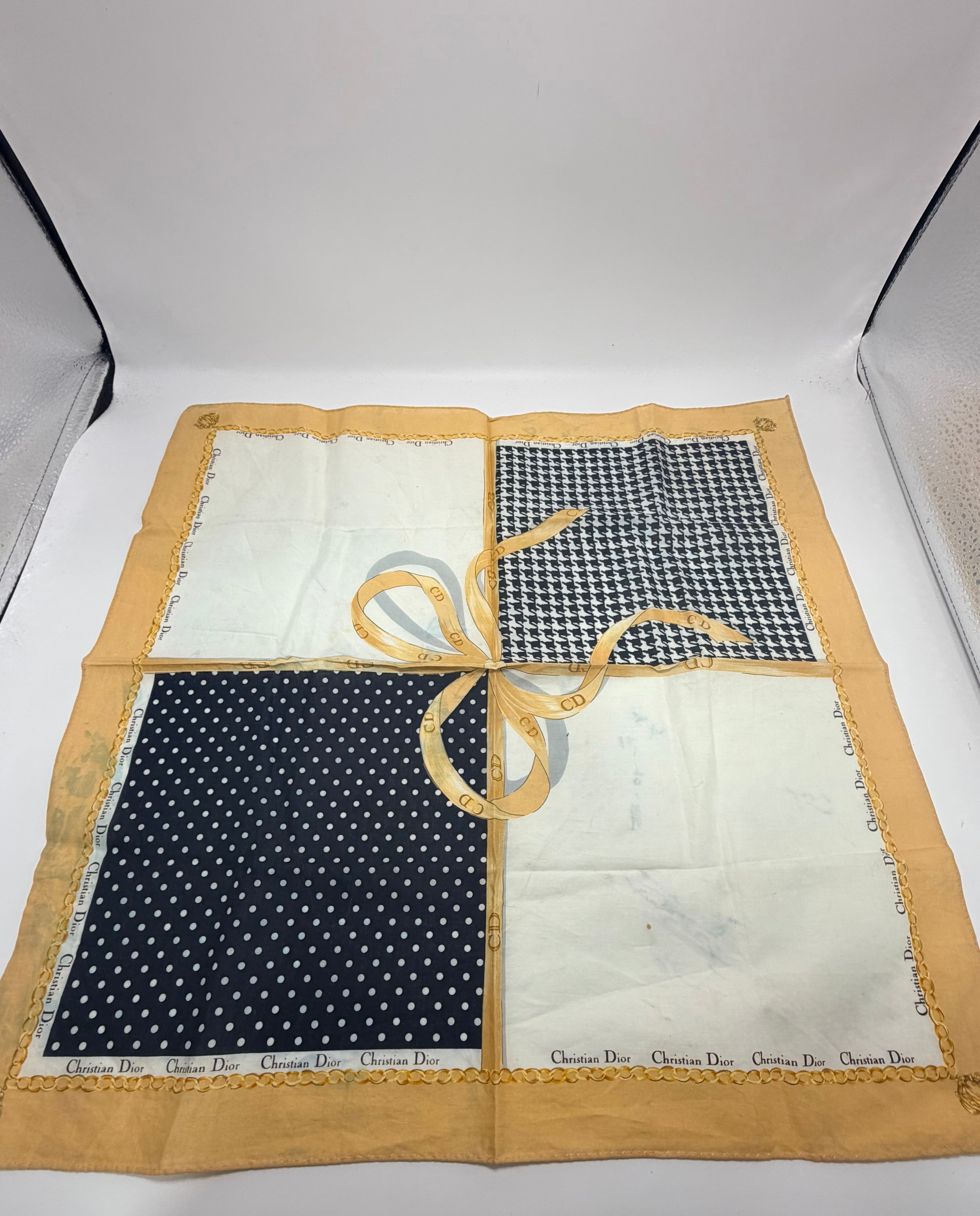 Christian Dior Patchwork Ribbon Scarf – Mustard Border with Polka Dot and Houndstooth Panels