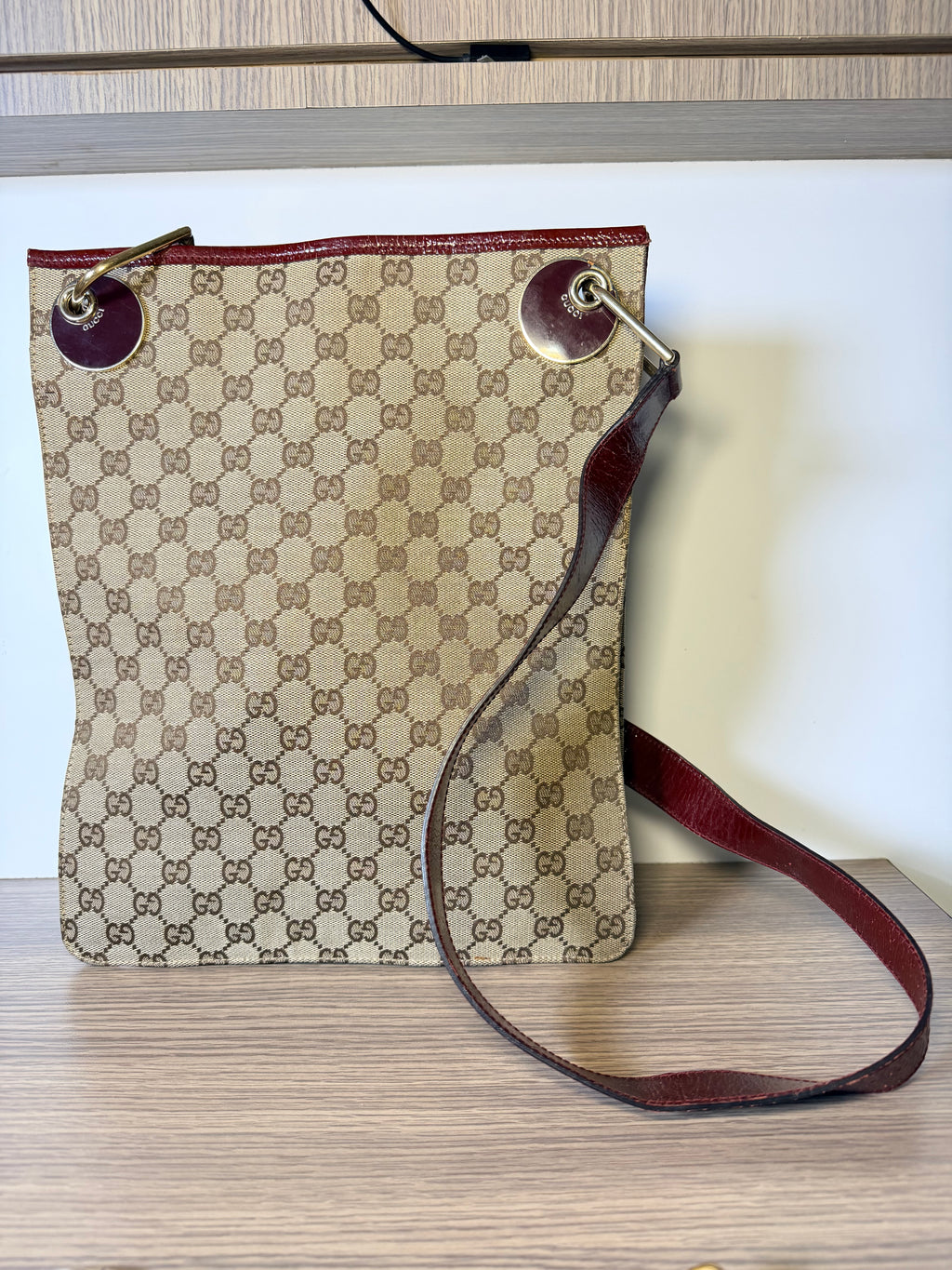 Gucci GG Monogram Canvas Burgundy Leather Shoulder / Crossbody Bag