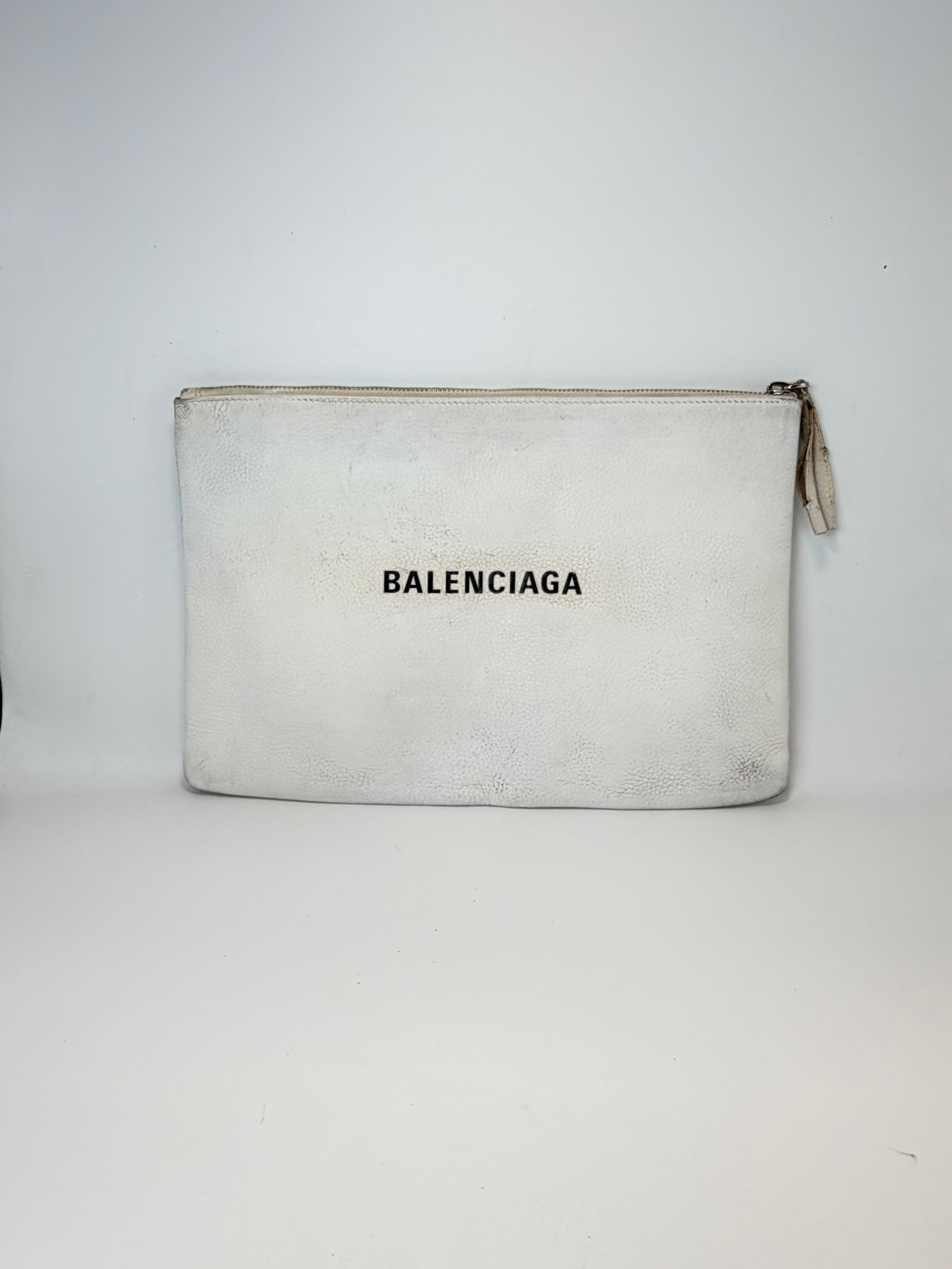 Balenciaga White Leather Logo Pouch / Clutch (Restored Exterior)