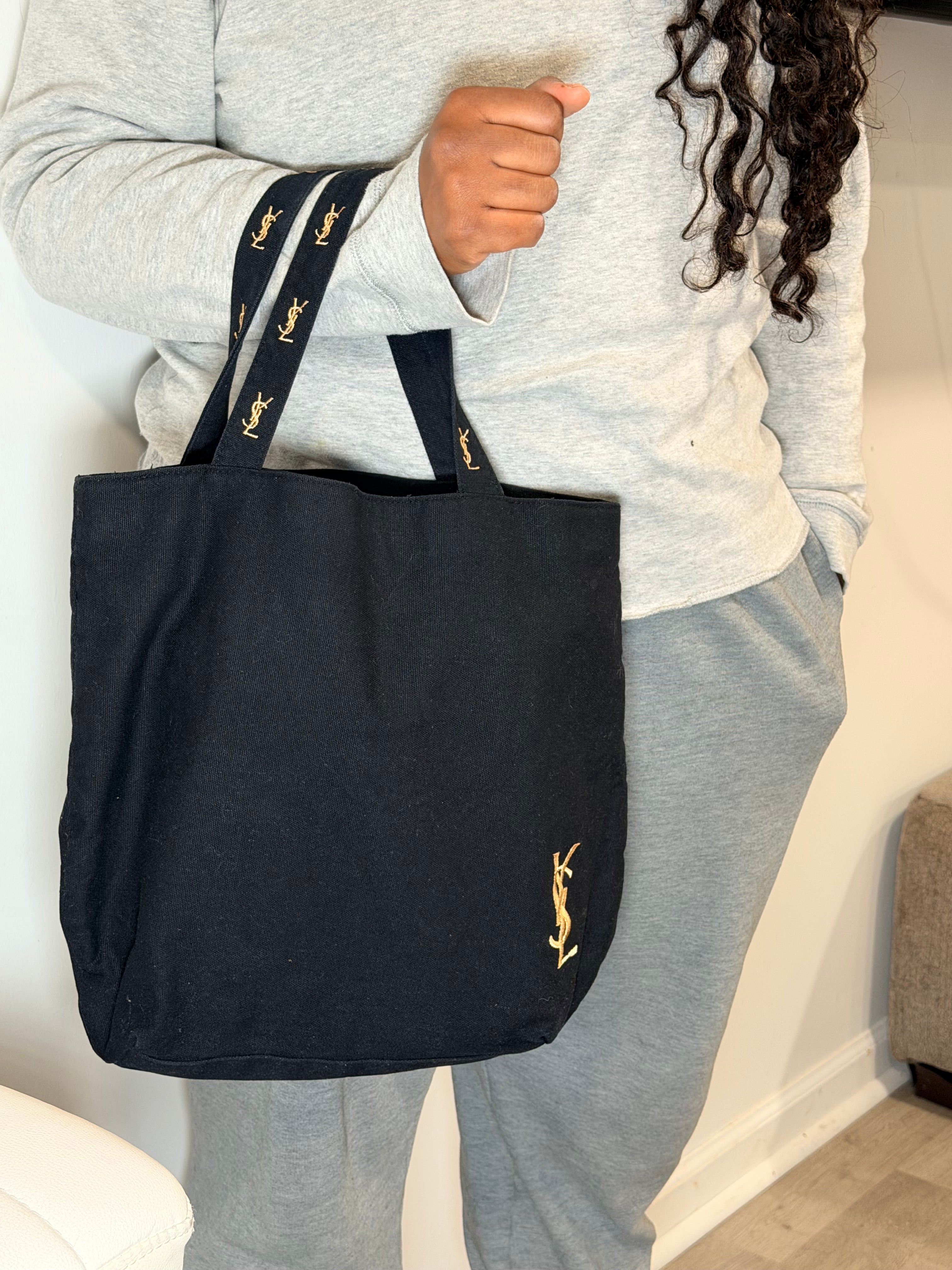 Yves Saint Laurent (YSL) Black Canvas Tote with Gold Monogram
