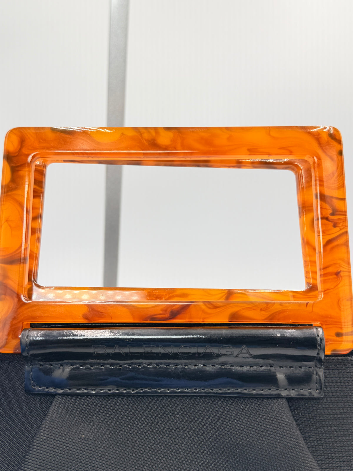 Balenciaga Black Pleated Handbag with Orange Lucite Handle