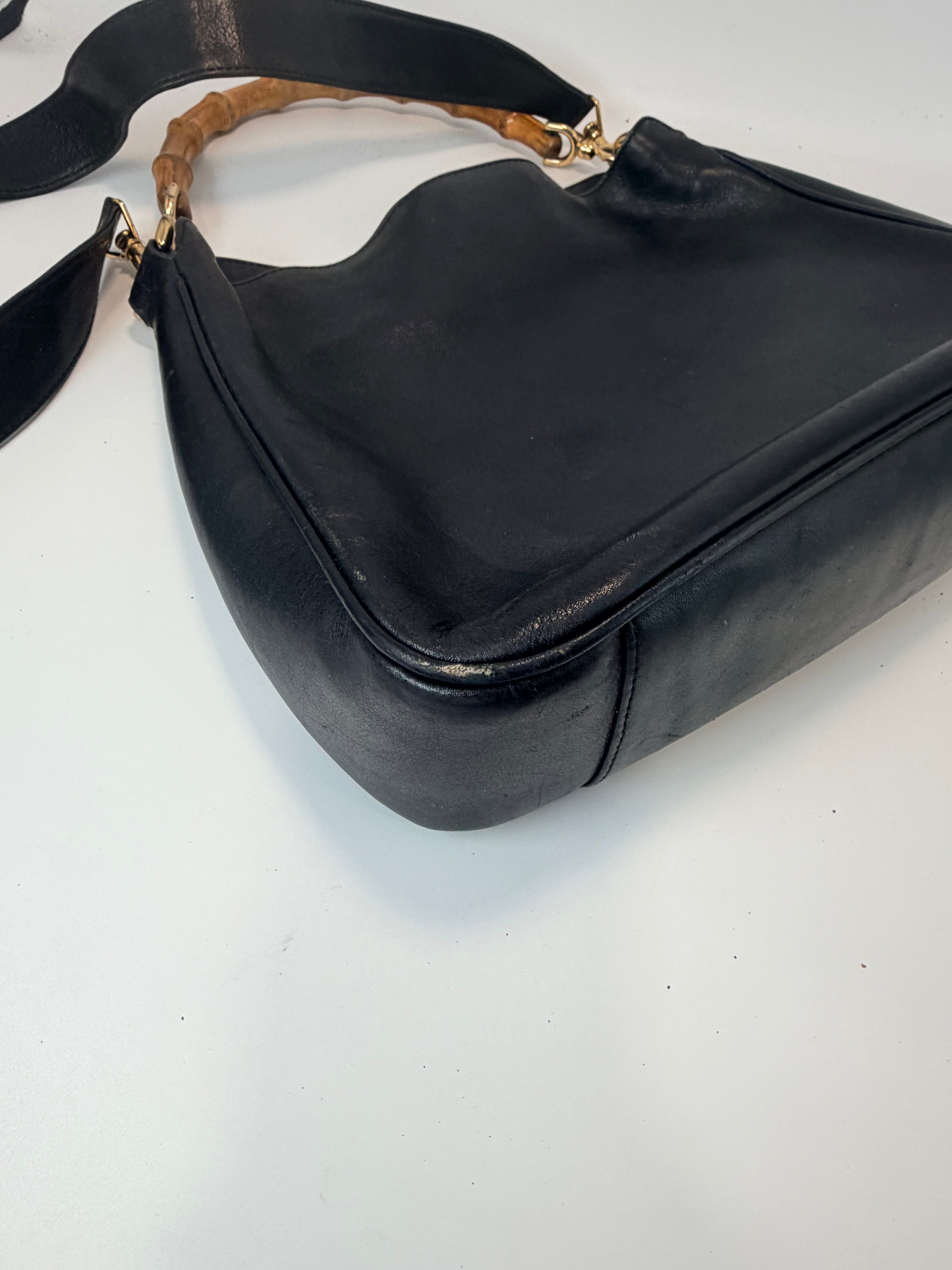 Gucci Black Leather Bamboo Handle Shoulder Bag | Crossbody Strap