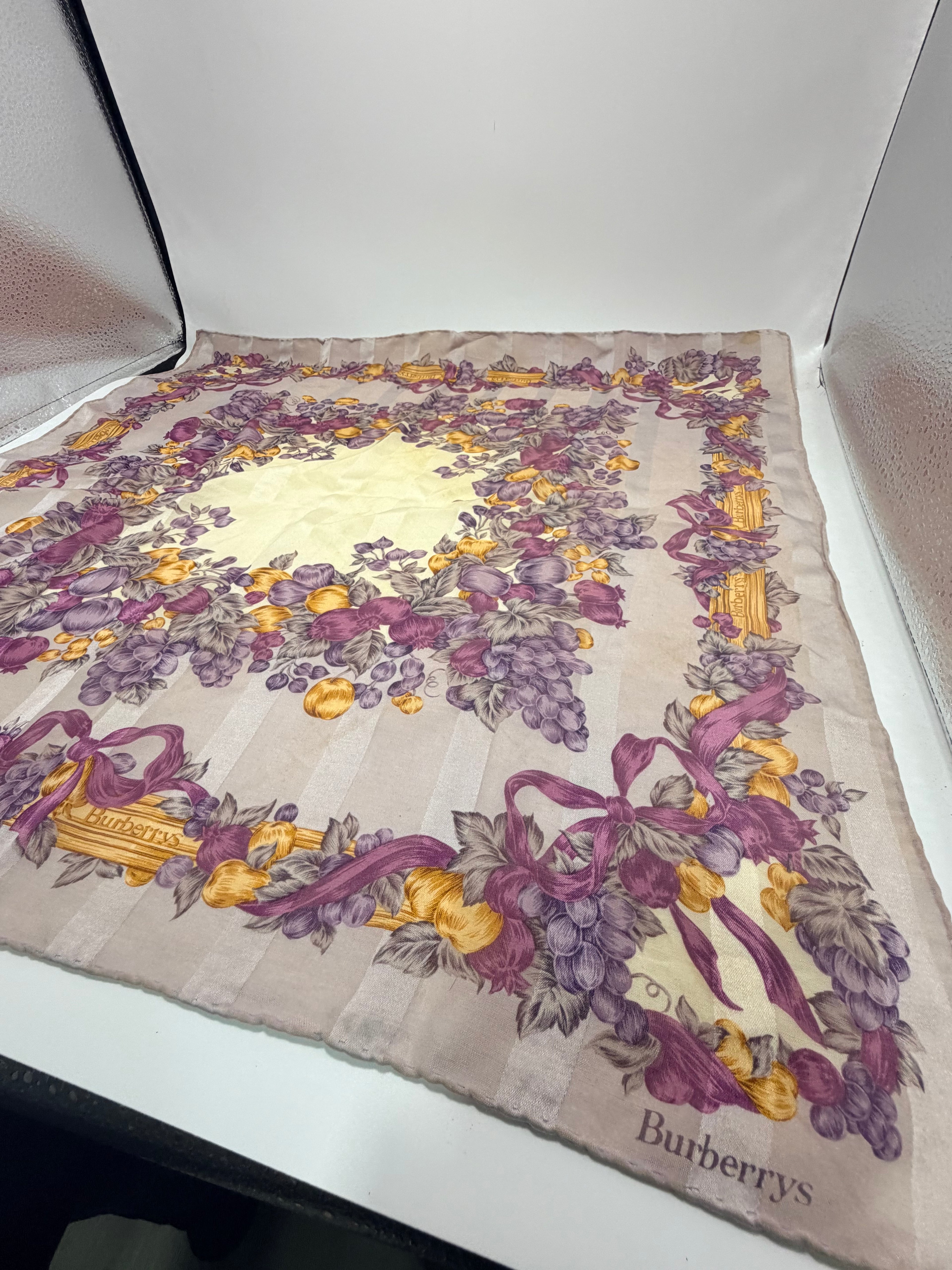 Burberrys Vintage Fruit And Ribbon Scarf – Taupe With Plum And Gold Motif