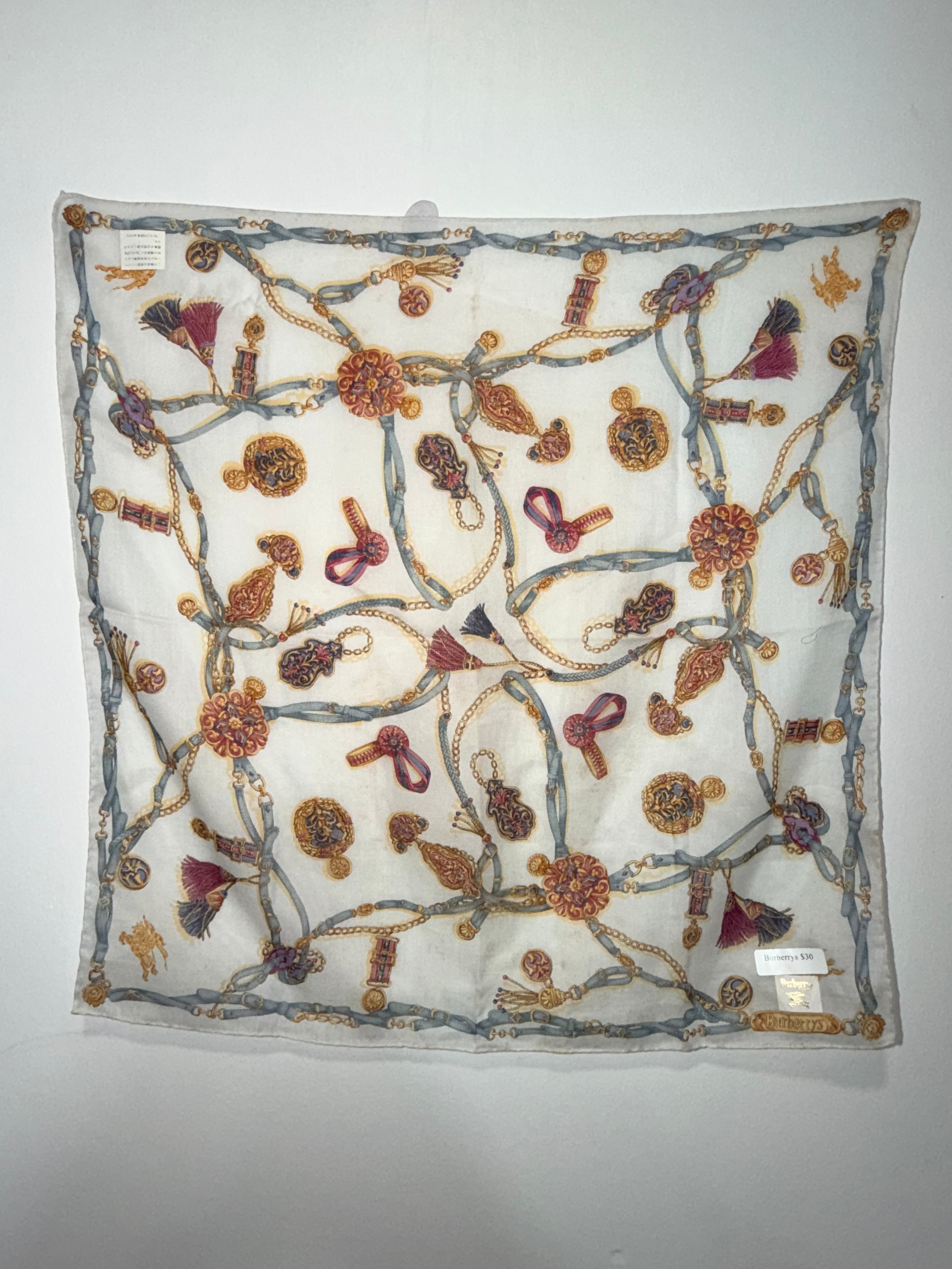 Burberrys Silk Scarf in Equestrian Chain & Tassel Print