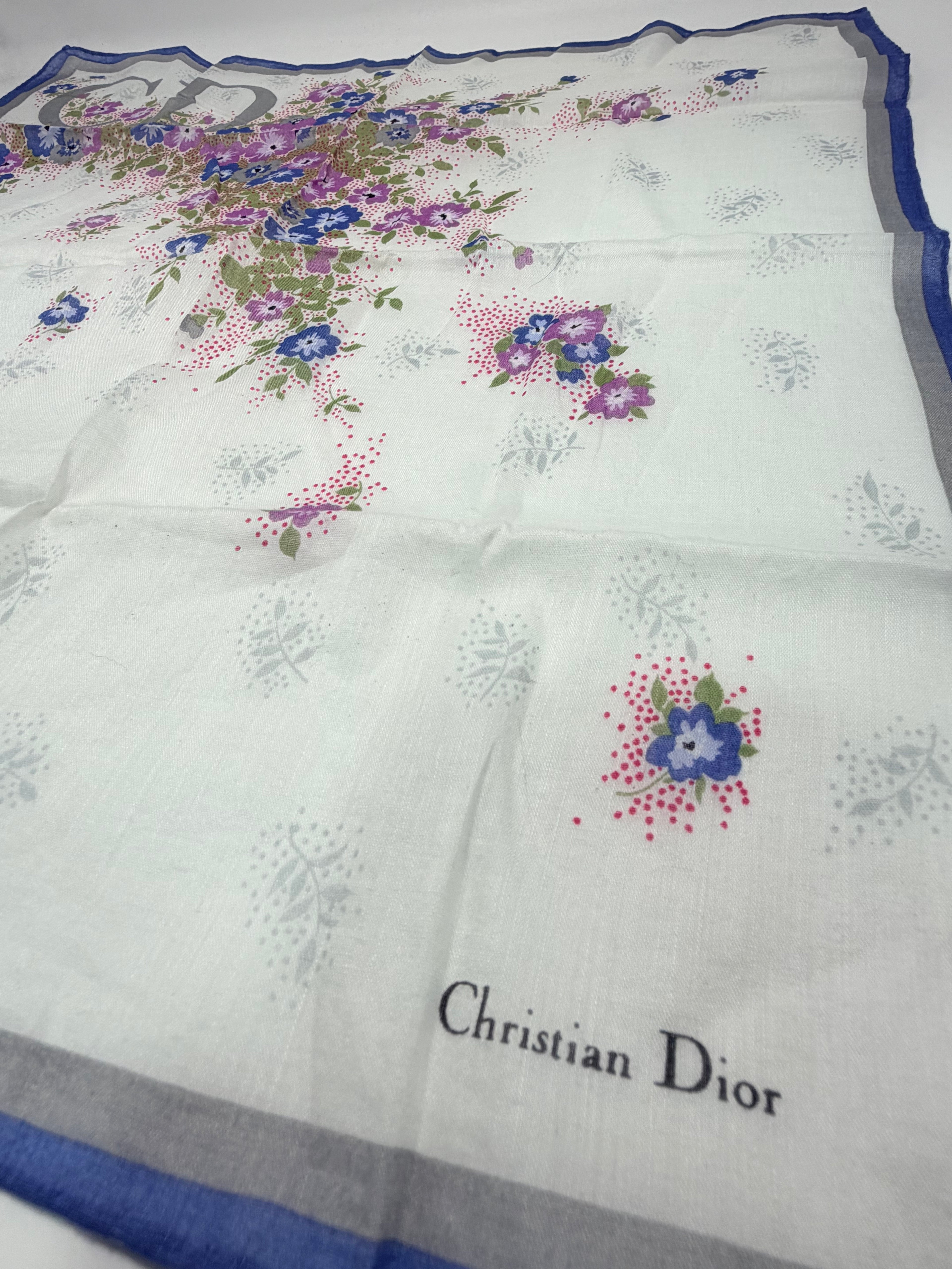 Vintage Christian Dior Floral Monogram Cotton Scarf – Ivory, Blue & Multicolor
