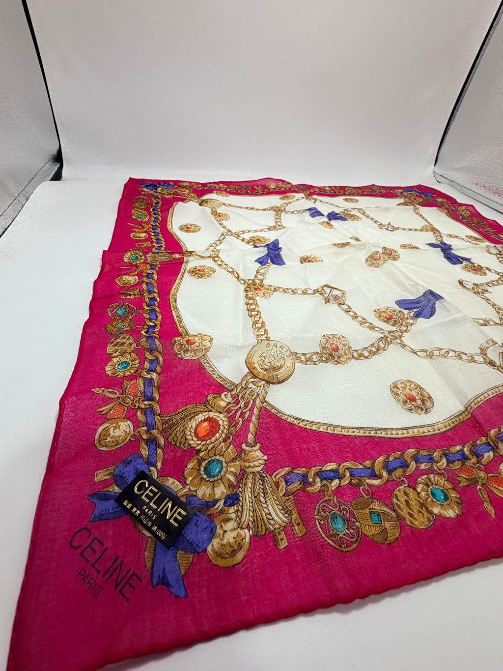Celine Chain Medallion Scarf – Fuchsia with Gold And Jewel Motif