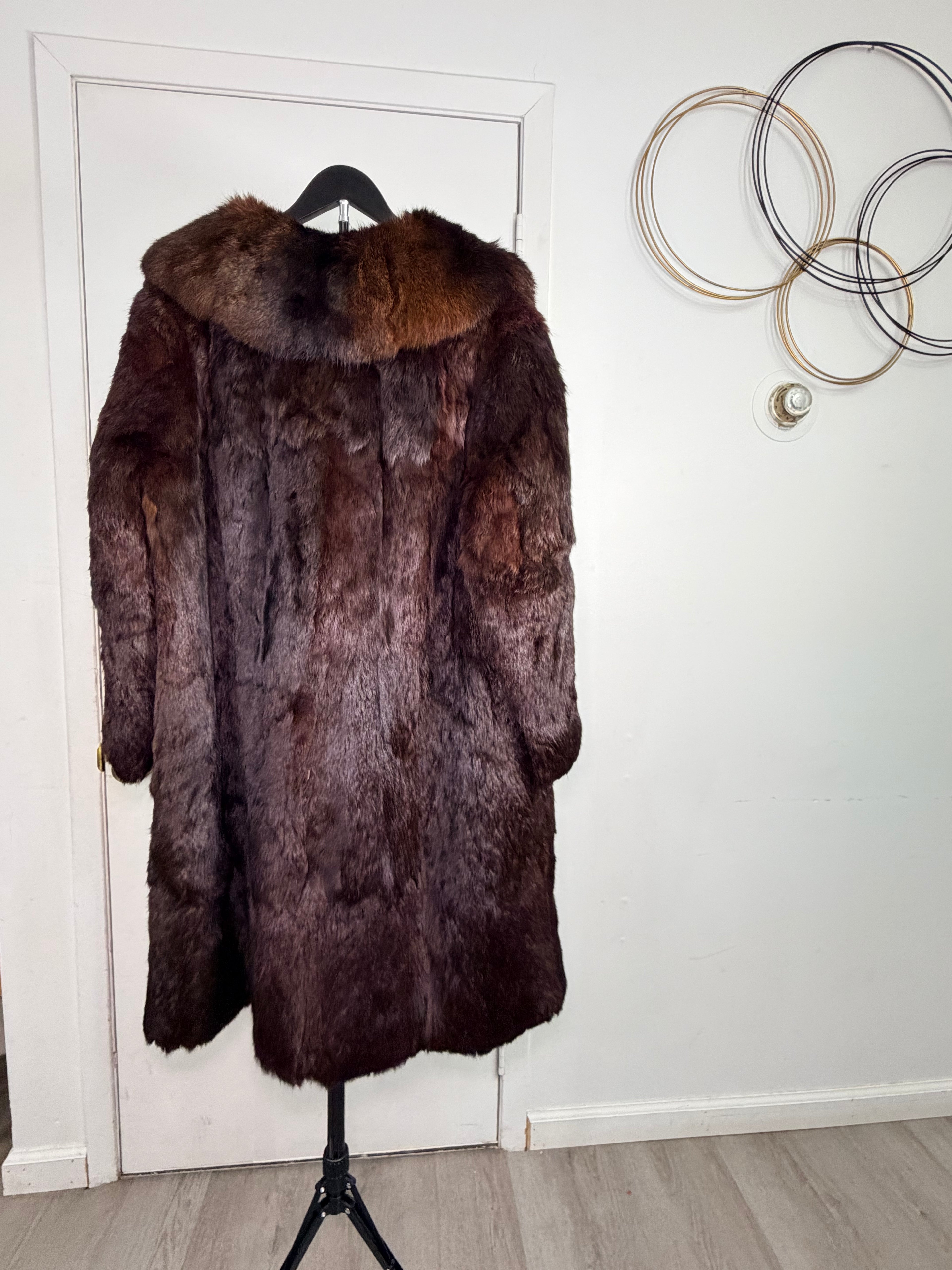 Vintage Rabbit Fur Coat with Fox Collar – Deep Mahogany Brown (2XL)