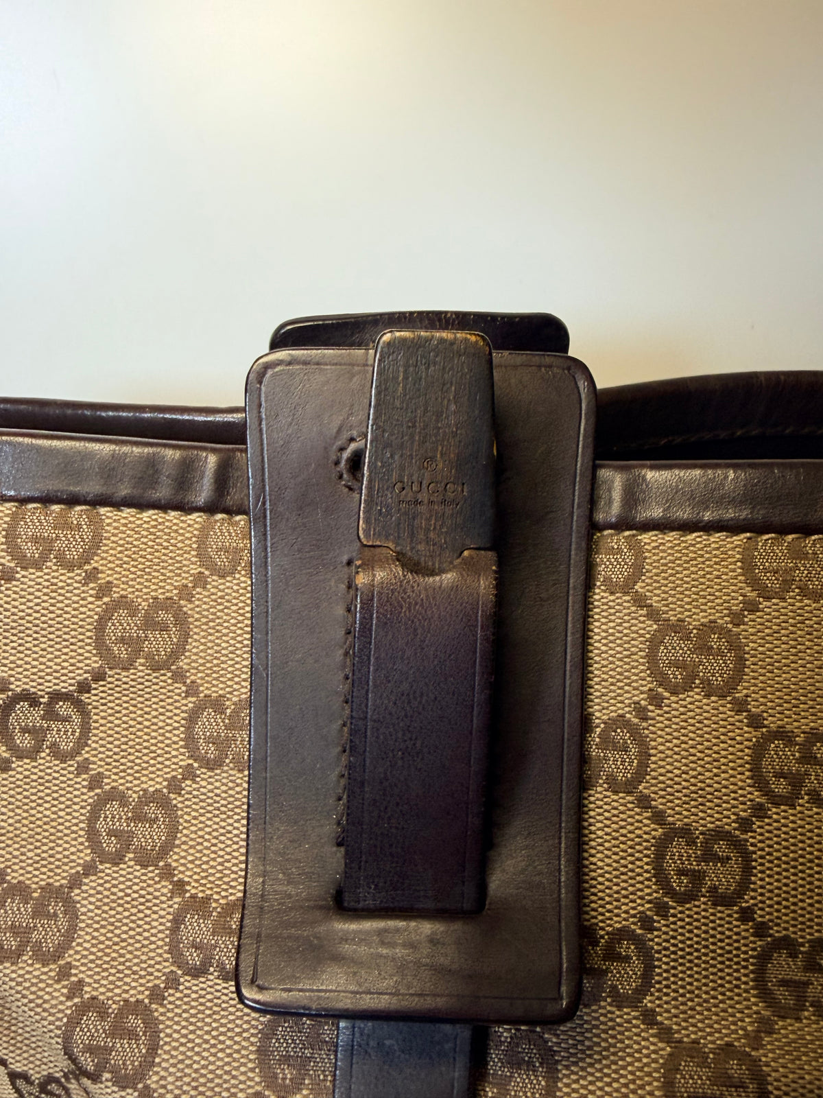 Gucci Vintage GG Monogram Canvas Tote Bag – Brown Leather Buckle Detail