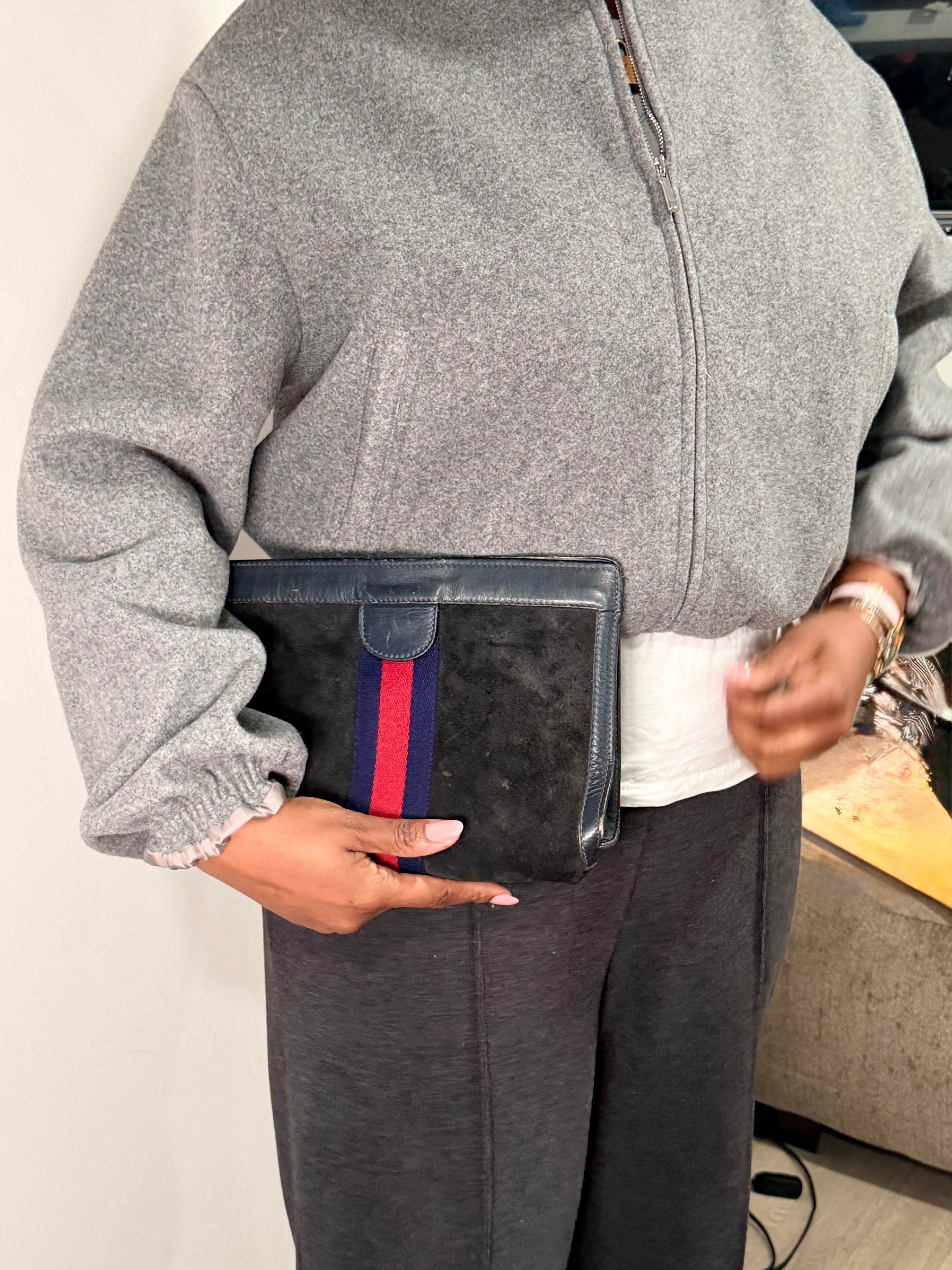 Gucci Suede Clutch – Navy Web Stripe
