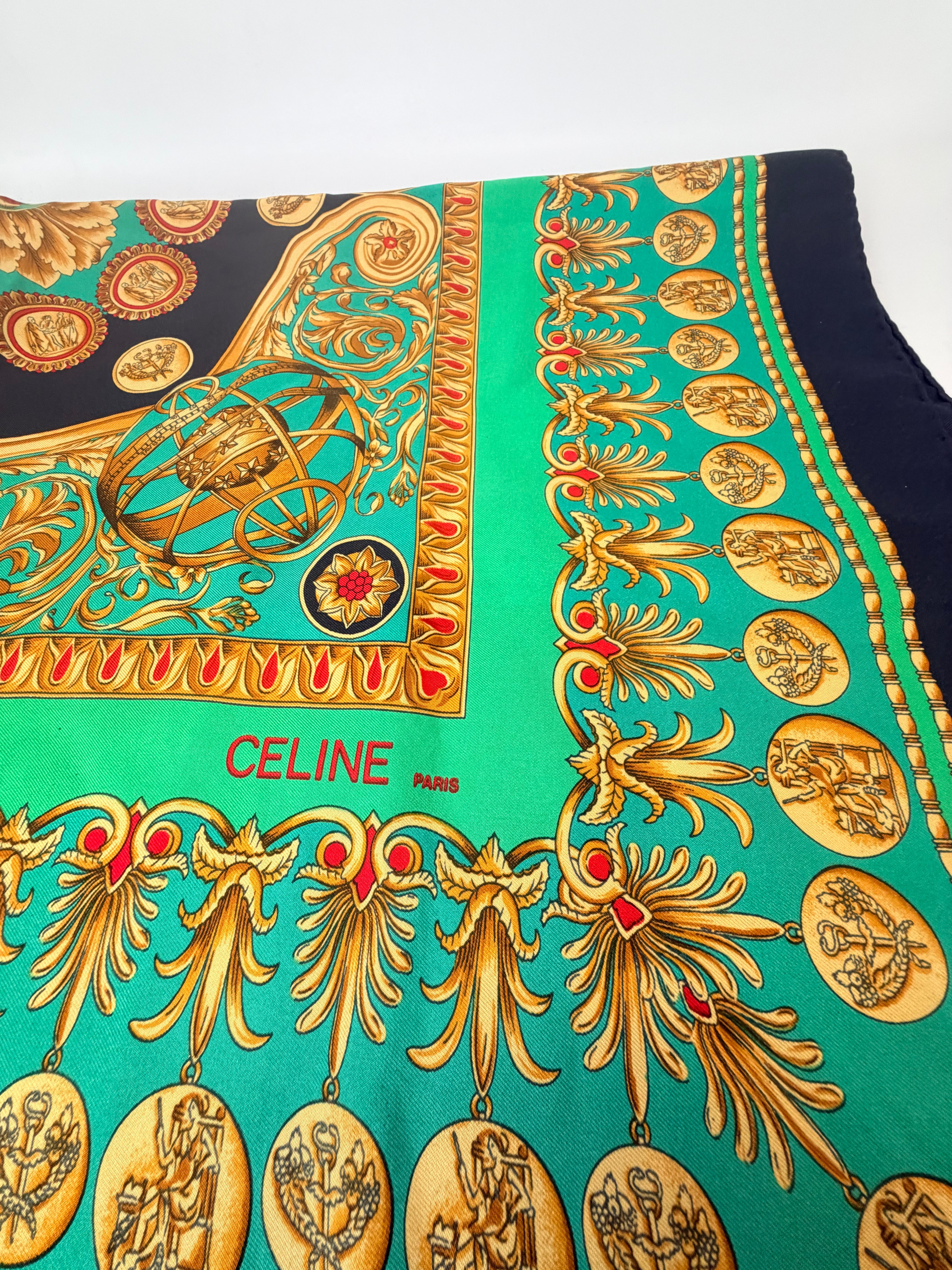 Celine Paris Silk Scarf – Baroque Medallion Print (Green & Gold)