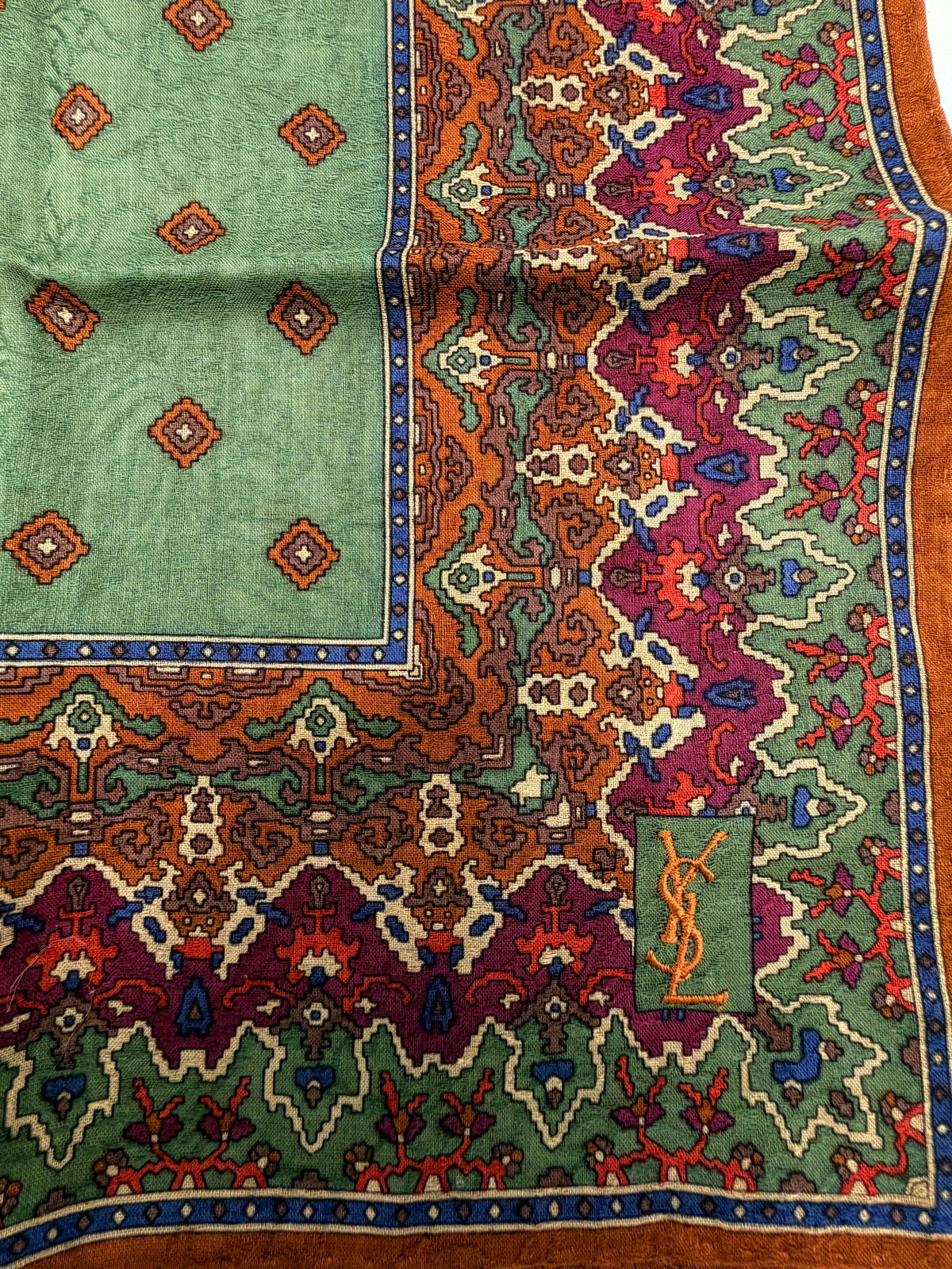 Yves Saint Laurent Paisley Print Scarf – Sage Green & Rust