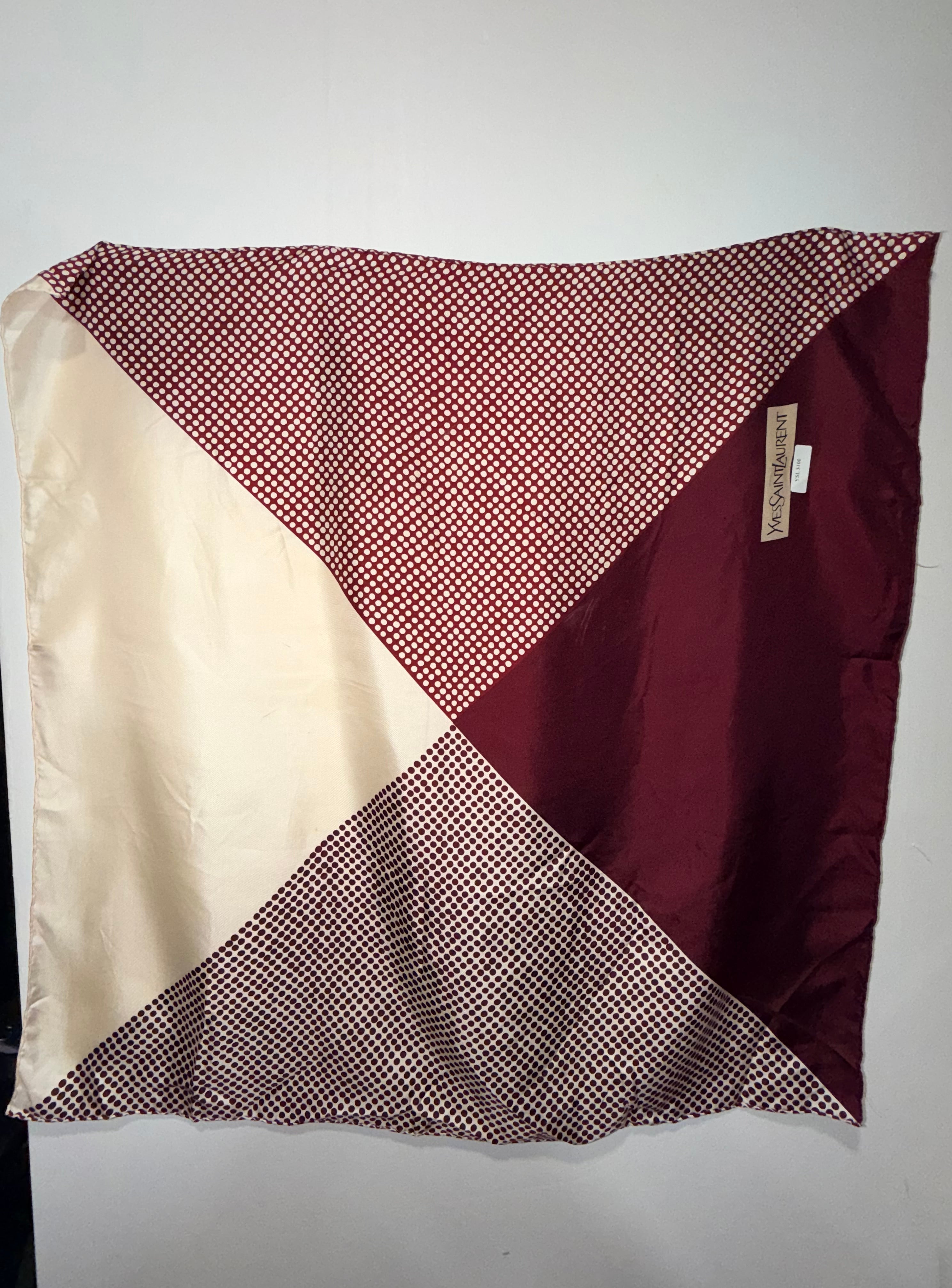 Yves Saint Laurent Oversized Silk Scarf in Burgundy & Cream Polka Dot Print