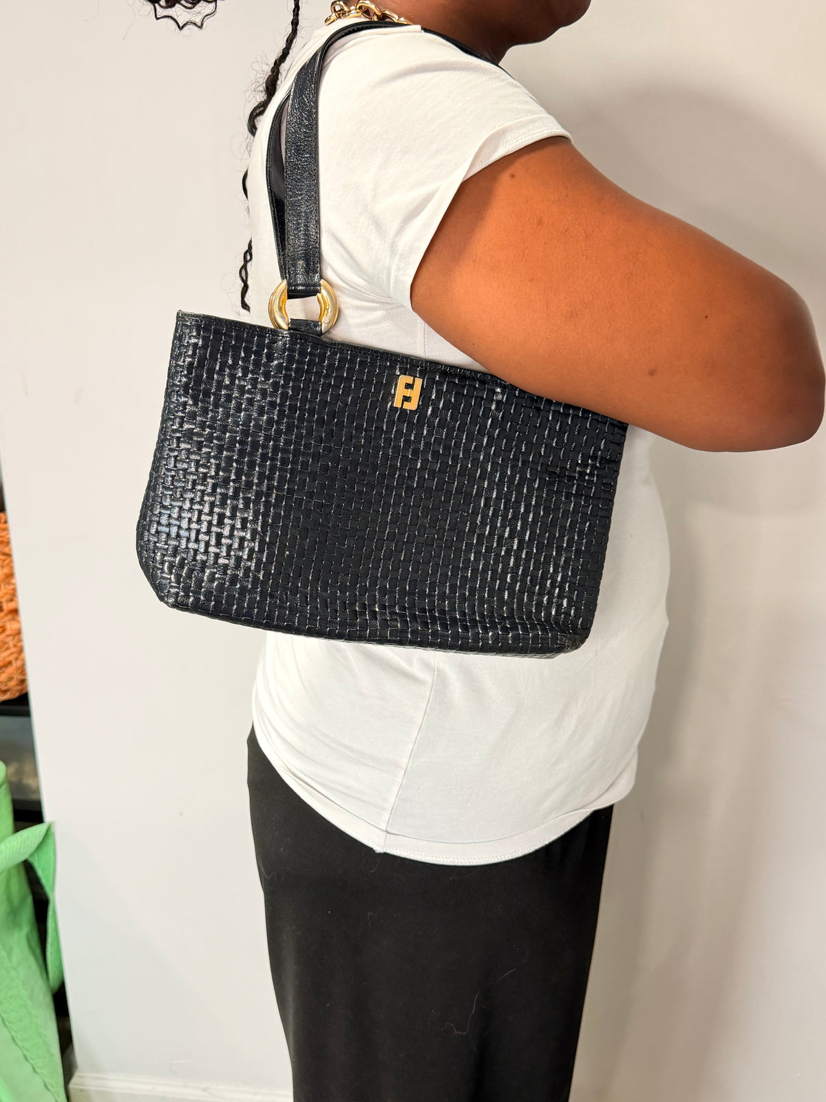 Fendi Vintage Black Woven Leather Shoulder Tote